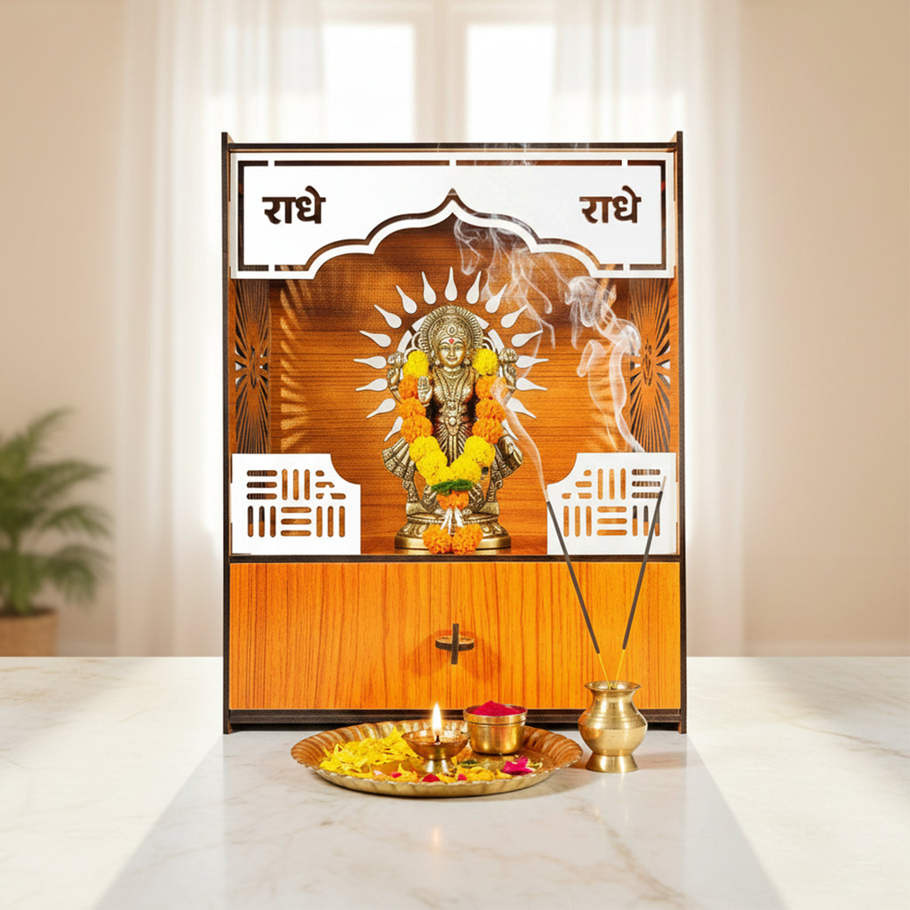 Premium Wooden Wall-Mount Pooja Mandir with LED & Jali Design & OM Back Panel | Radhe Radhe Temple for Home