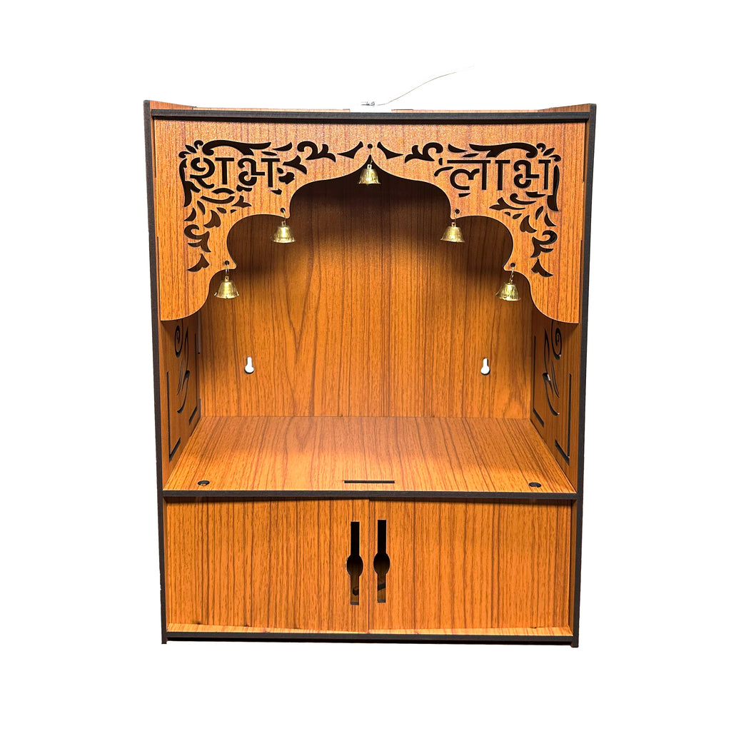 Premium Wooden Wall-Mounted Pooja Mandir with LED , Shubh Labh Jali Design, Bells & Storage Drawer – Home Temple for Living Room