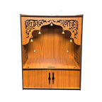 Premium Wooden Wall-Mounted Pooja Mandir with LED , Shubh Labh Jali Design, Bells & Storage Drawer – Home Temple for Living Room