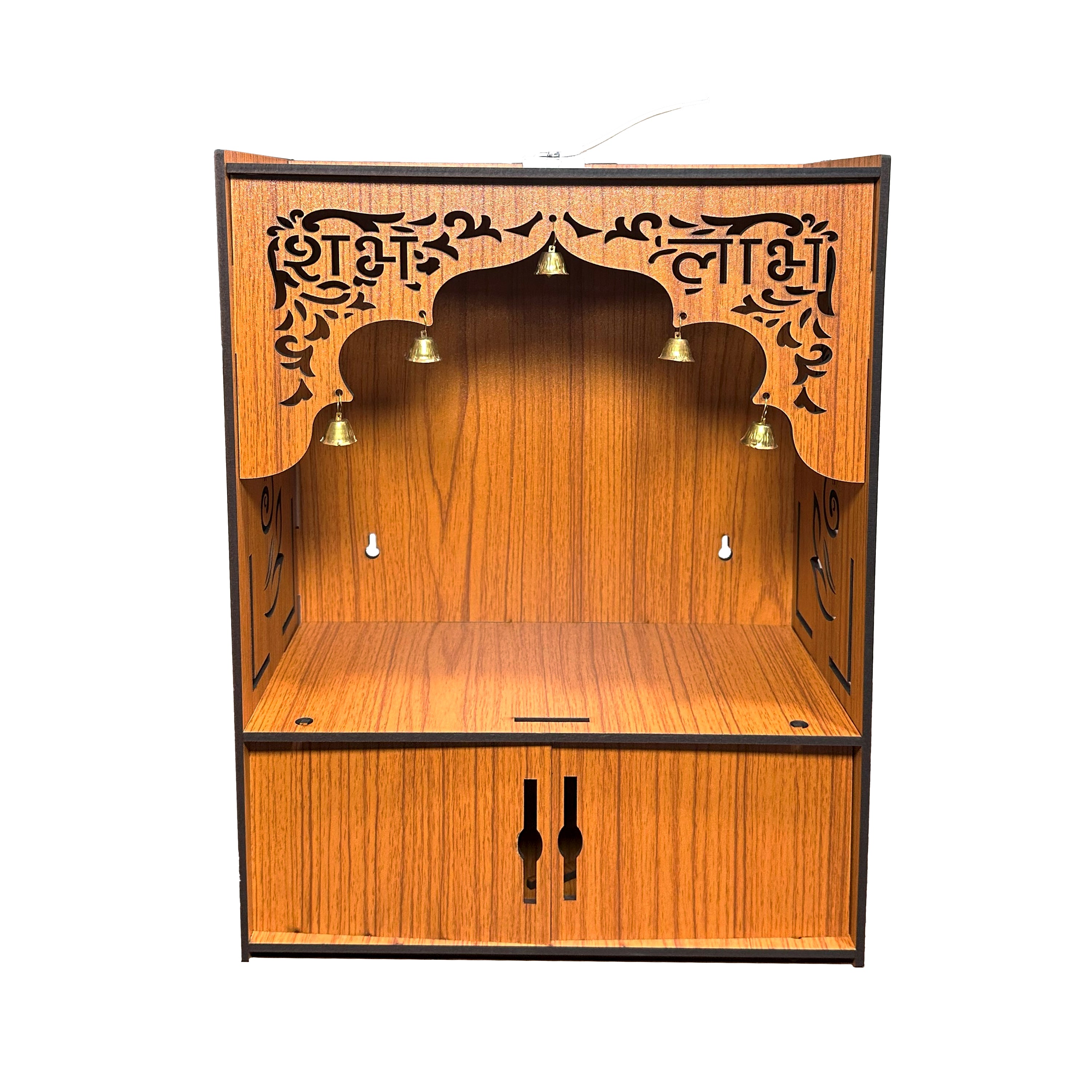 Premium Wooden Wall-Mounted Pooja Mandir with LED , Shubh Labh Jali Design, Bells & Storage Drawer – Home Temple for Living Room