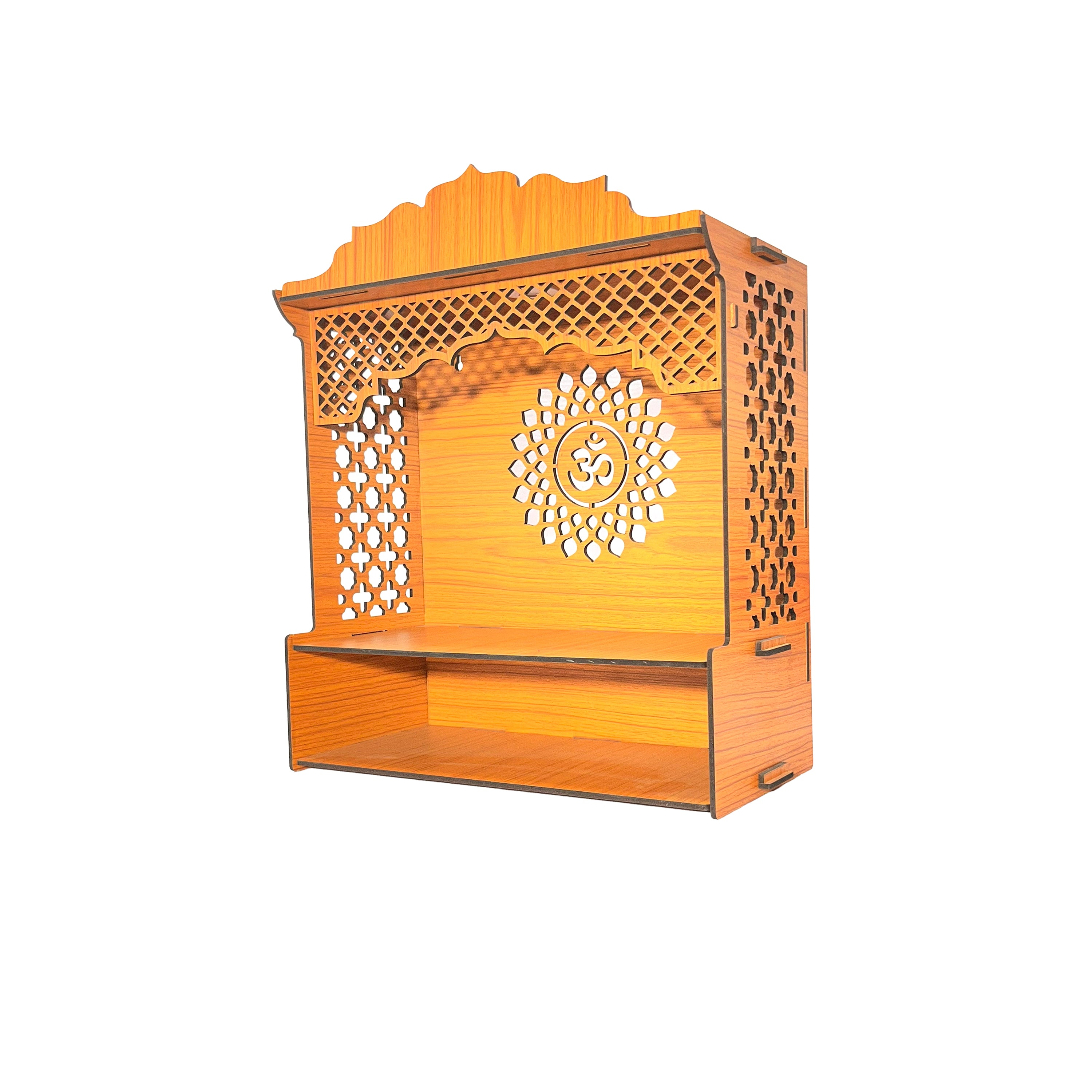 Premium Wooden Wall-Mount Pooja Mandir with LED & OM Cutout & Designer Jali Panels | Compact Home Temple