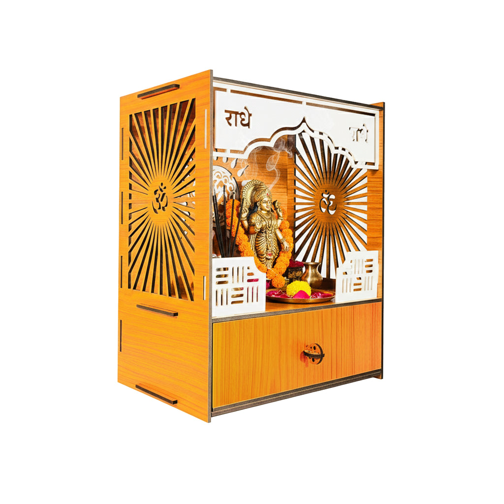 Premium Wooden Wall-Mount Pooja Mandir with LED & Jali Design & OM Back Panel | Radhe Radhe Temple for Home