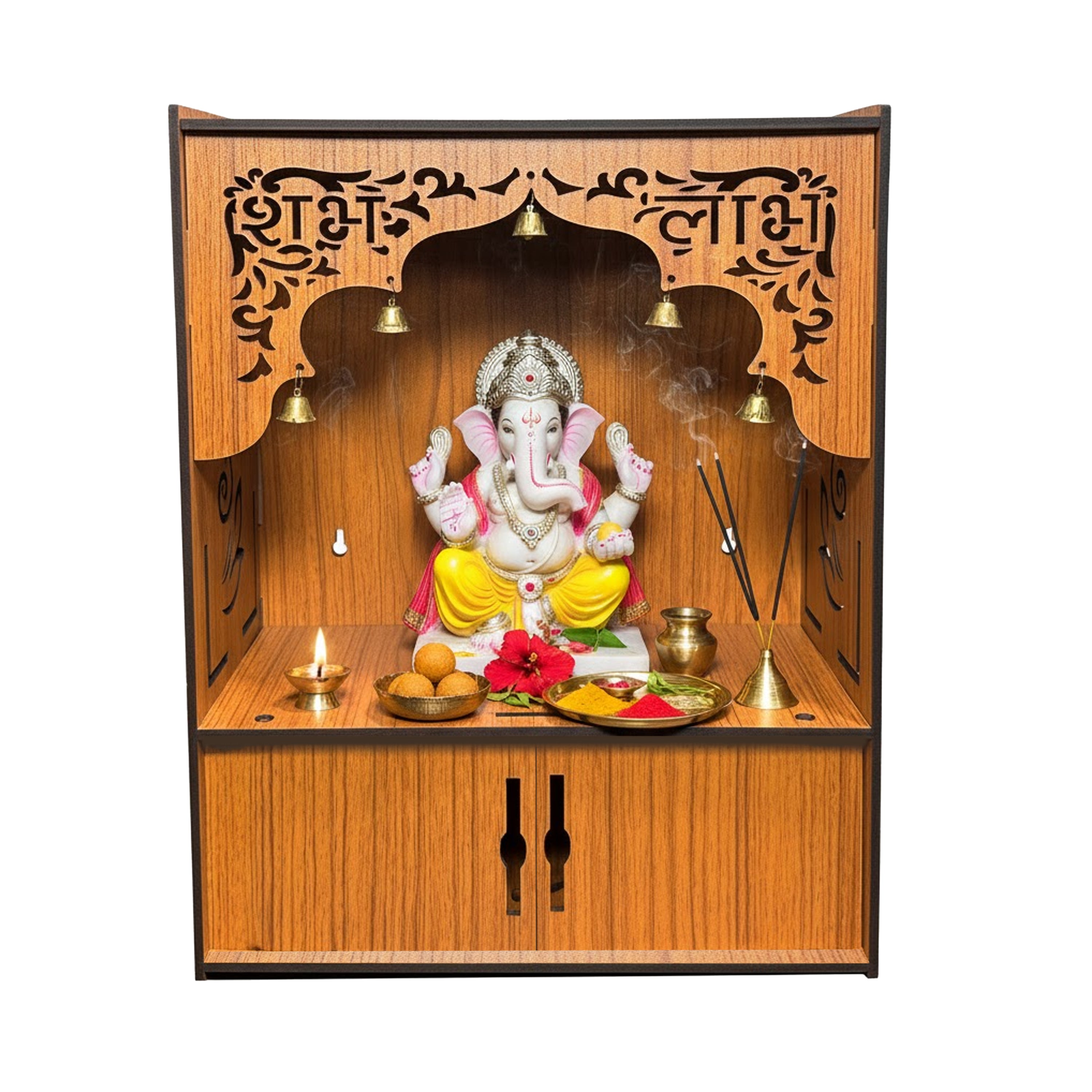 Premium Wooden Wall-Mounted Pooja Mandir with LED , Shubh Labh Jali Design, Bells & Storage Drawer – Home Temple for Living Room