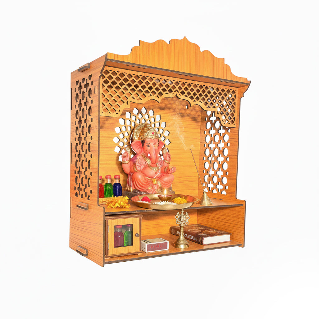 Premium Wooden Wall-Mount Pooja Mandir with LED & OM Cutout & Designer Jali Panels | Compact Home Temple
