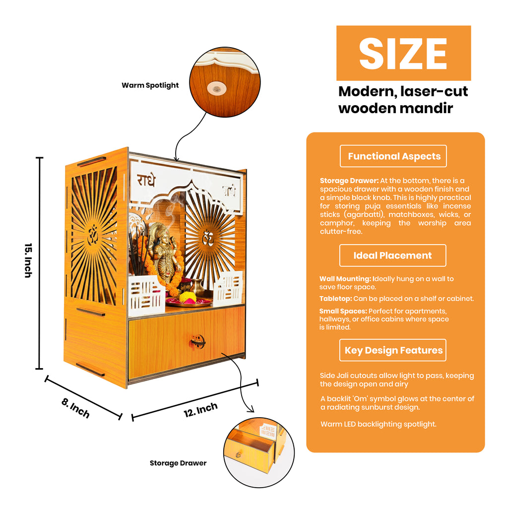 Premium Wooden Wall-Mount Pooja Mandir with LED & Jali Design & OM Back Panel | Radhe Radhe Temple for Home