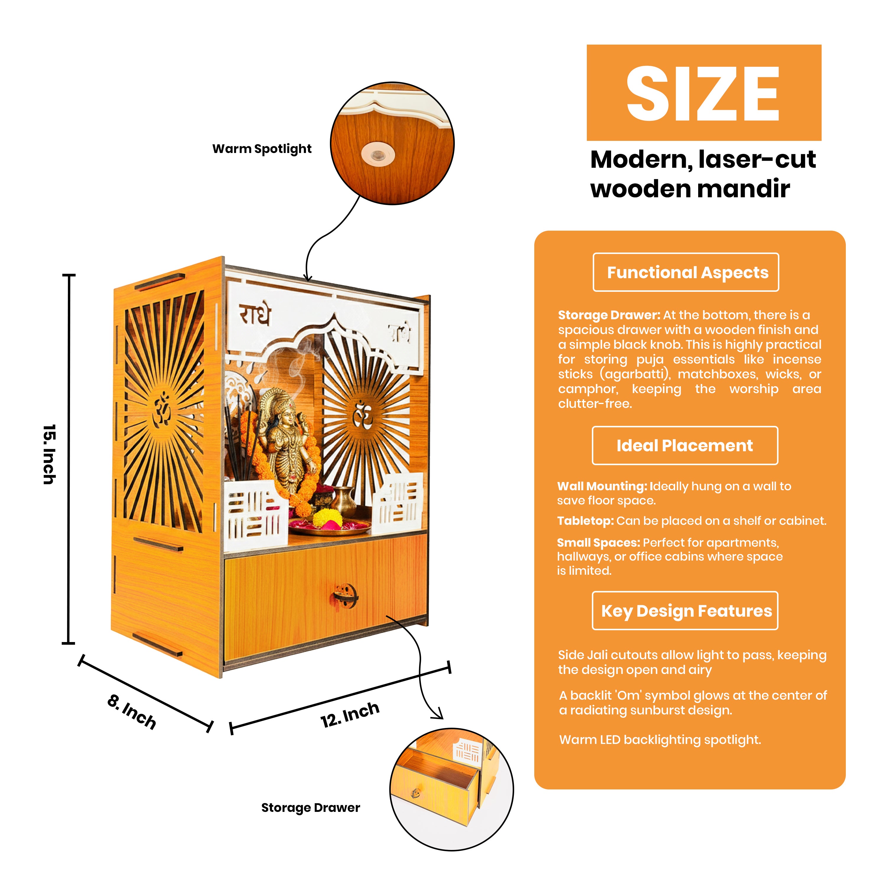 Premium Wooden Wall-Mount Pooja Mandir with LED & Jali Design & OM Back Panel | Radhe Radhe Temple for Home