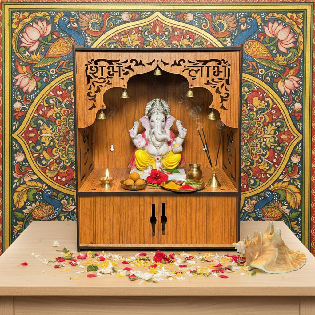Premium Wooden Wall-Mounted Pooja Mandir with LED , Shubh Labh Jali Design, Bells & Storage Drawer – Home Temple for Living Room