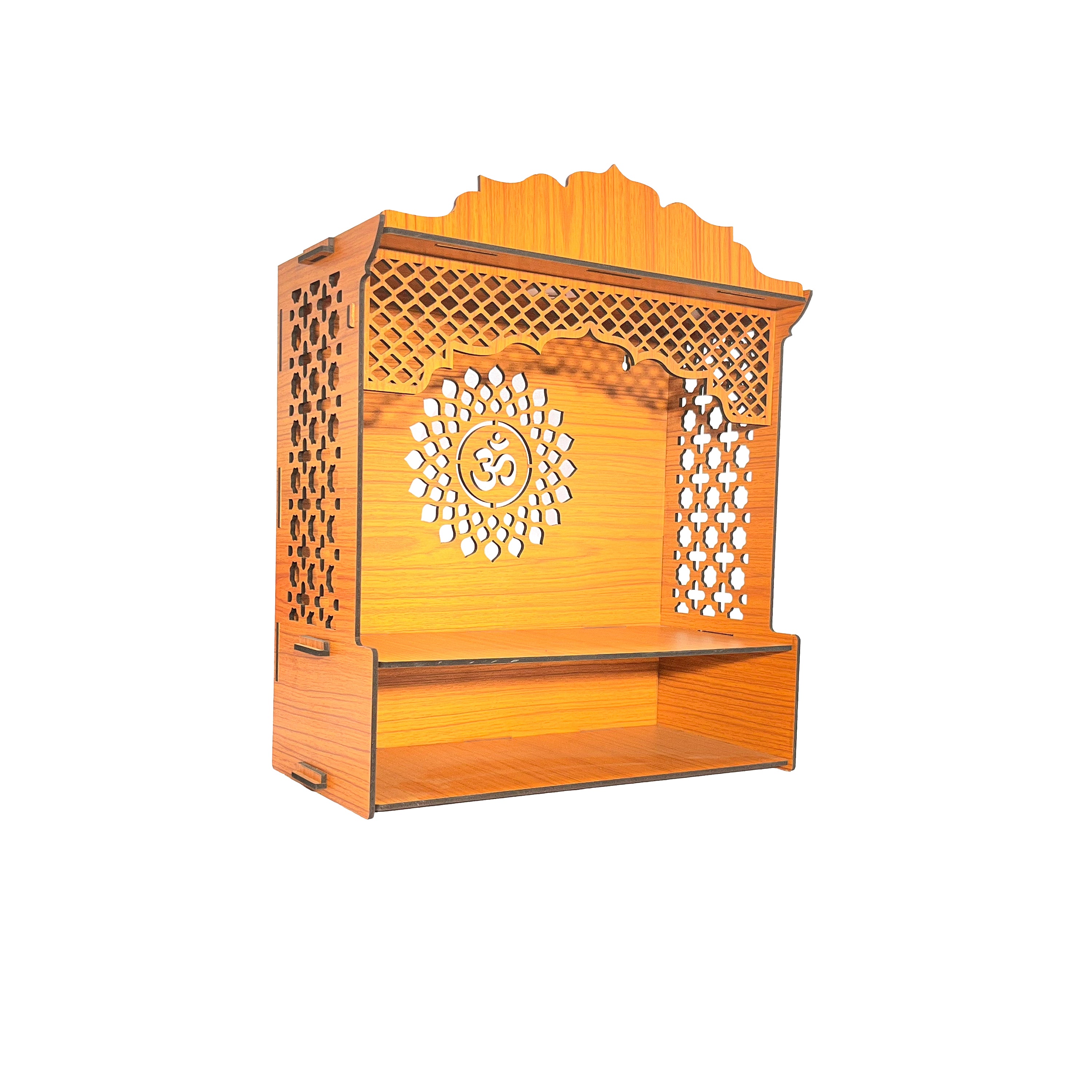 Premium Wooden Wall-Mount Pooja Mandir with LED & OM Cutout & Designer Jali Panels | Compact Home Temple