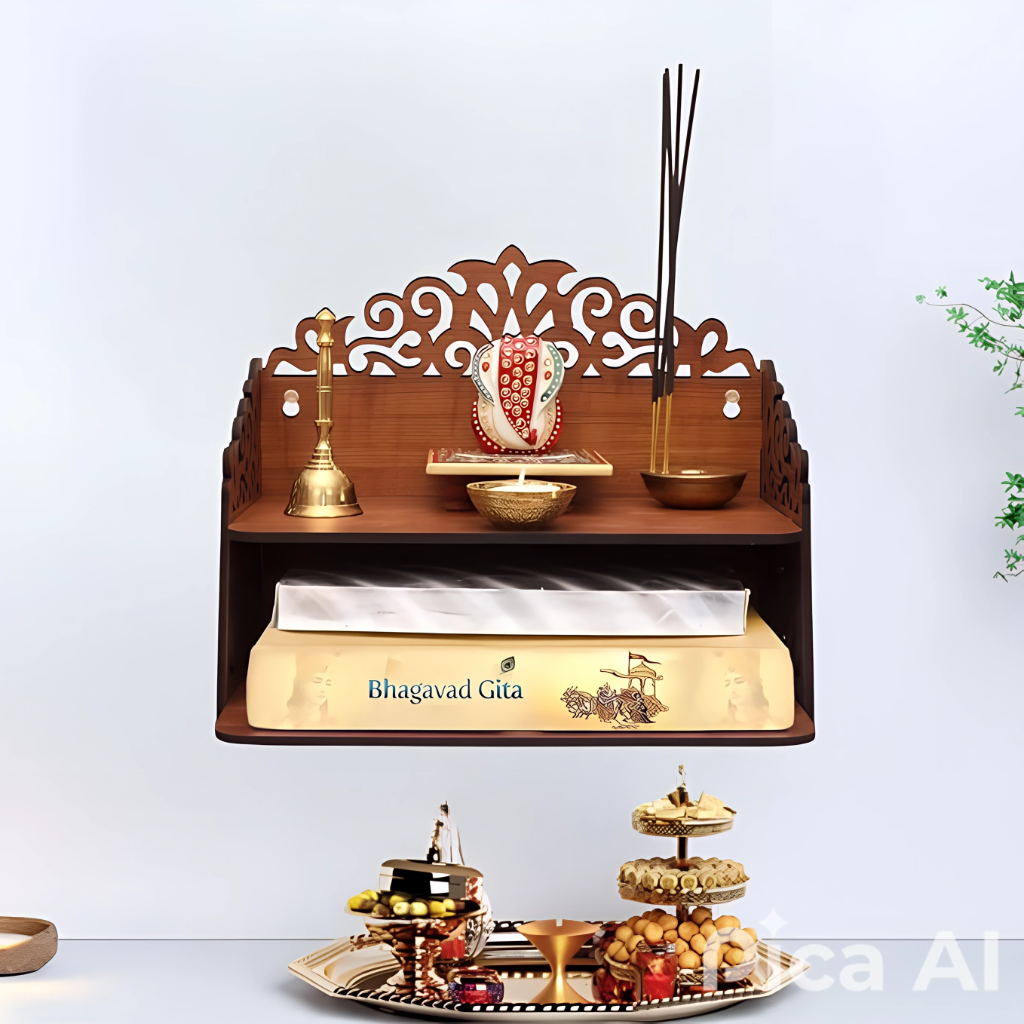 Handcrafted Small Wooden Mandir – Compact Om Pooja Stand | ASOBO