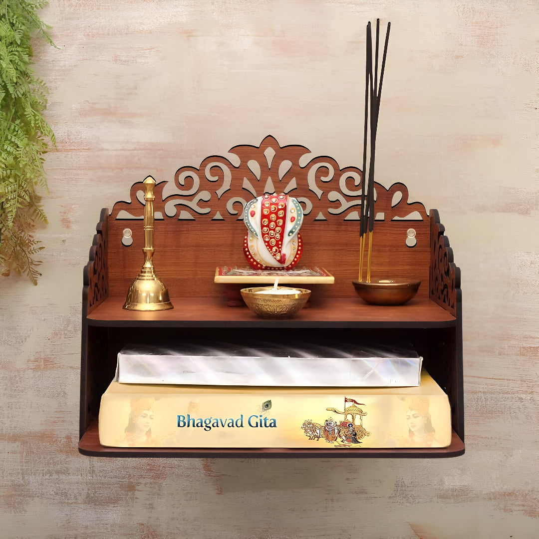 Handcrafted Small Wooden Mandir – Compact Om Pooja Stand | ASOBO