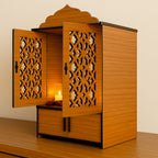 Premium Wooden Pooja Mandir for Home & Office With LED | Wall Mounted Temple with Carved Doors & Storage