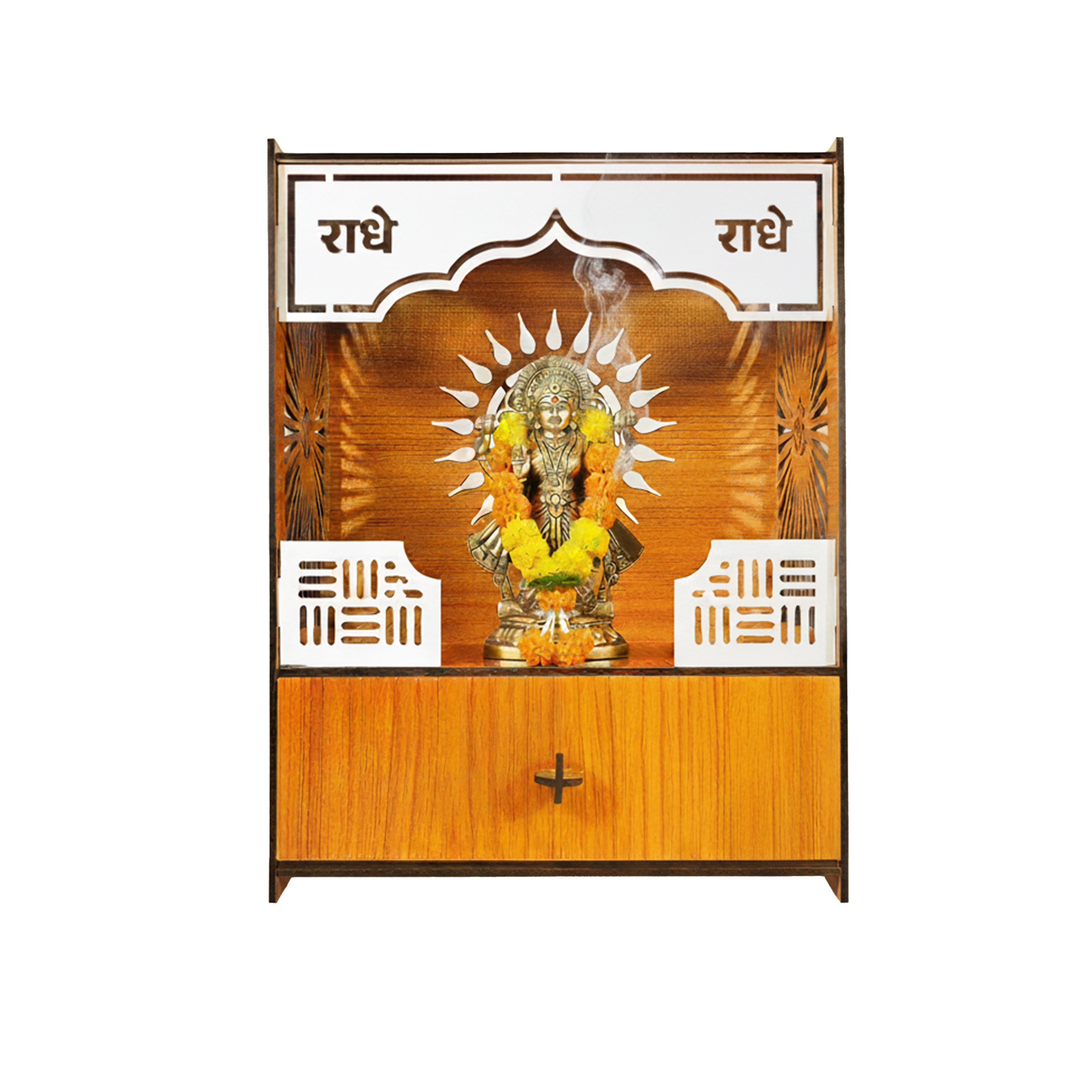 Premium Wooden Wall-Mount Pooja Mandir with LED & Jali Design & OM Back Panel | Radhe Radhe Temple for Home