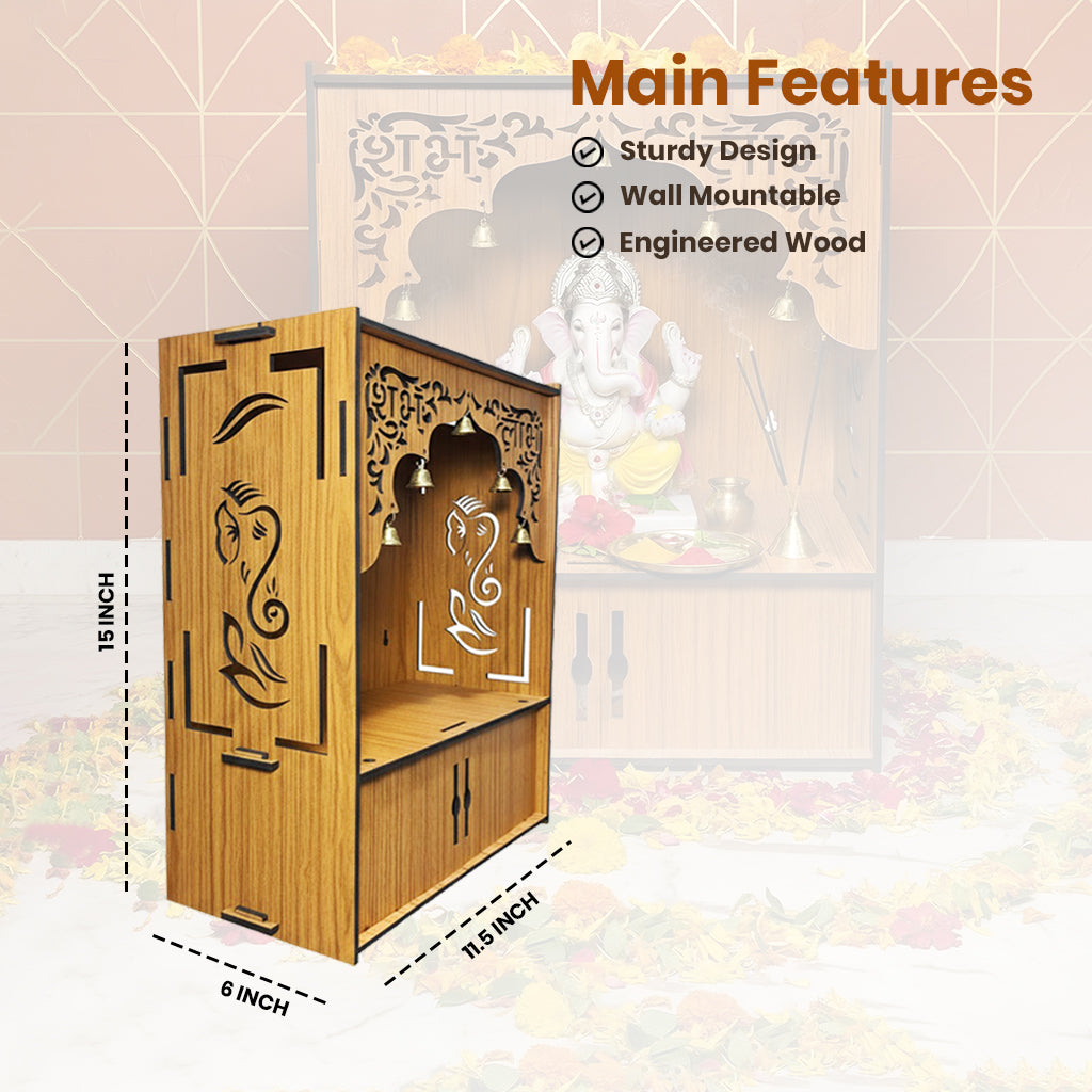 Premium Wooden Wall-Mounted Pooja Mandir with LED , Shubh Labh Jali Design, Bells & Storage Drawer – Home Temple for Living Room