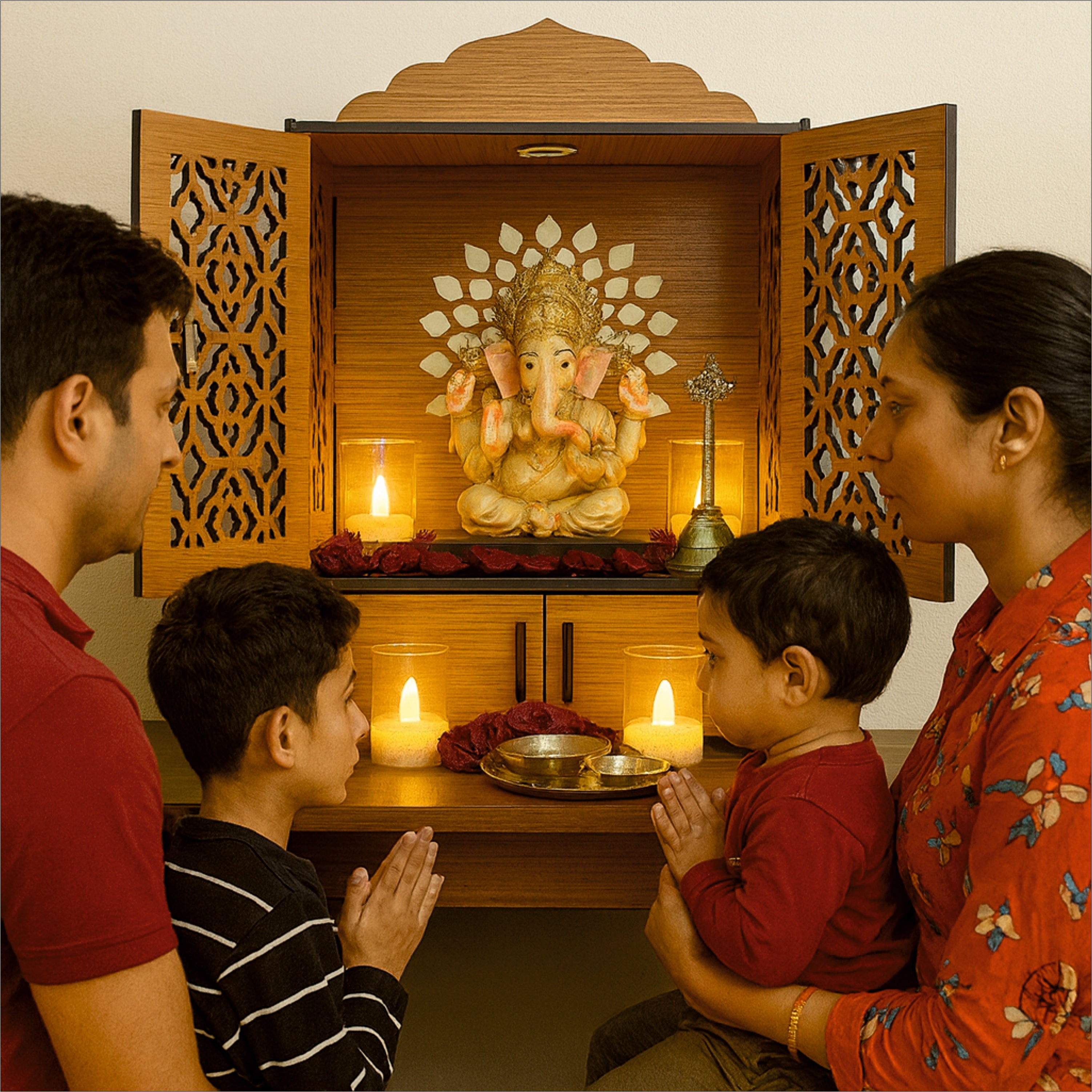 Premium Wooden Pooja Mandir for Home & Office With LED | Wall Mounted Temple with Carved Doors & Storage