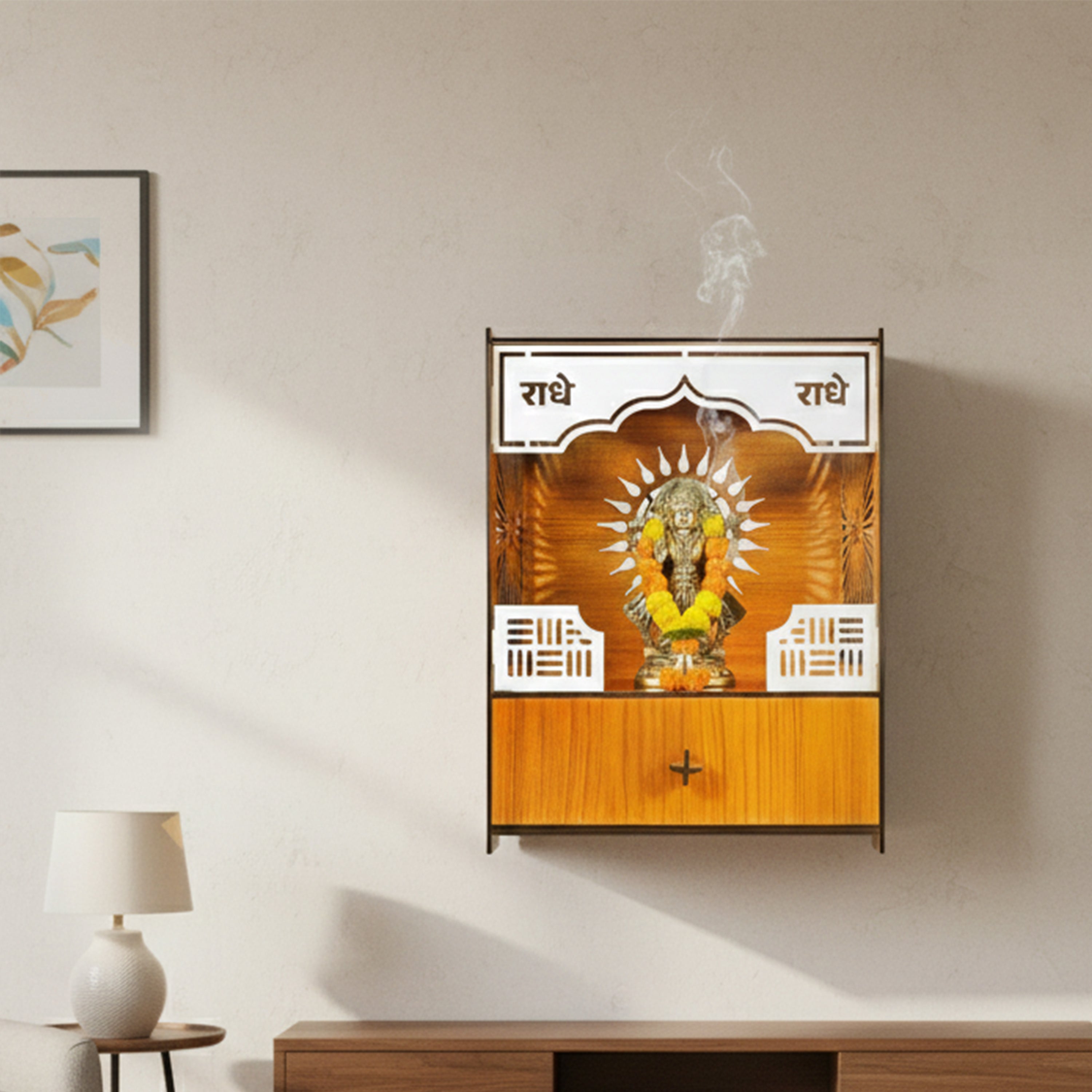 Premium Wooden Wall-Mount Pooja Mandir with LED & Jali Design & OM Back Panel | Radhe Radhe Temple for Home