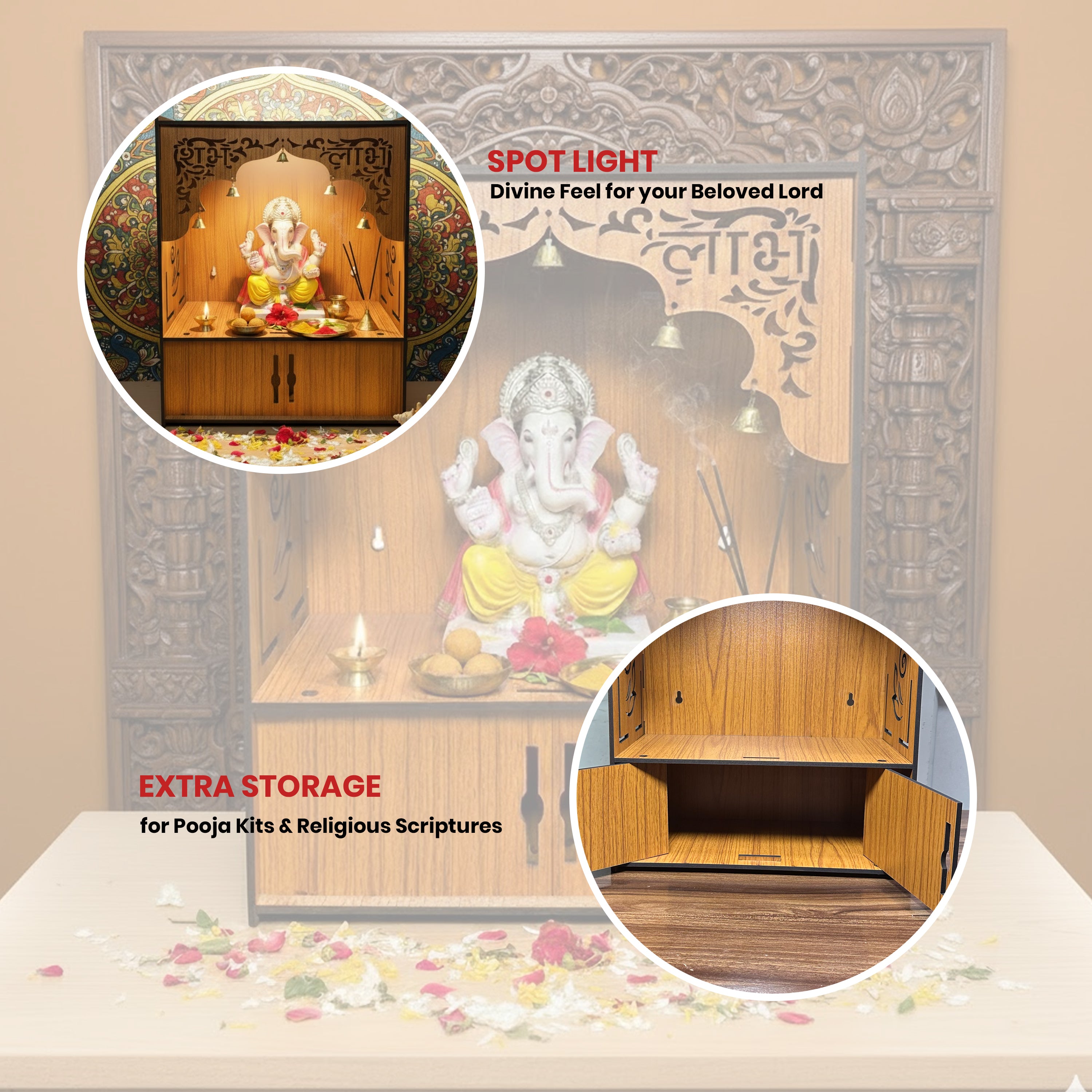 Premium Wooden Wall-Mounted Pooja Mandir with LED , Shubh Labh Jali Design, Bells & Storage Drawer – Home Temple for Living Room