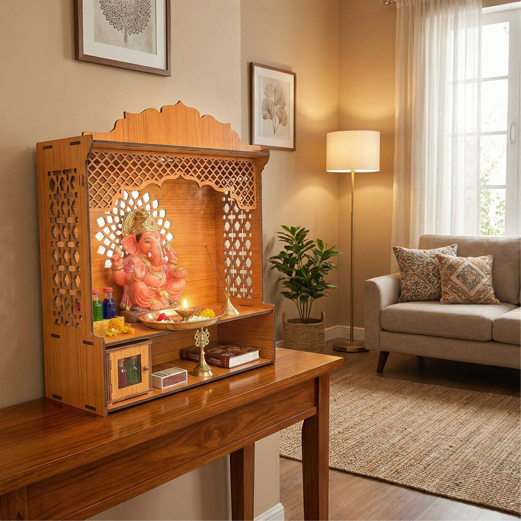Premium Wooden Wall-Mount Pooja Mandir with LED & OM Cutout & Designer Jali Panels | Compact Home Temple