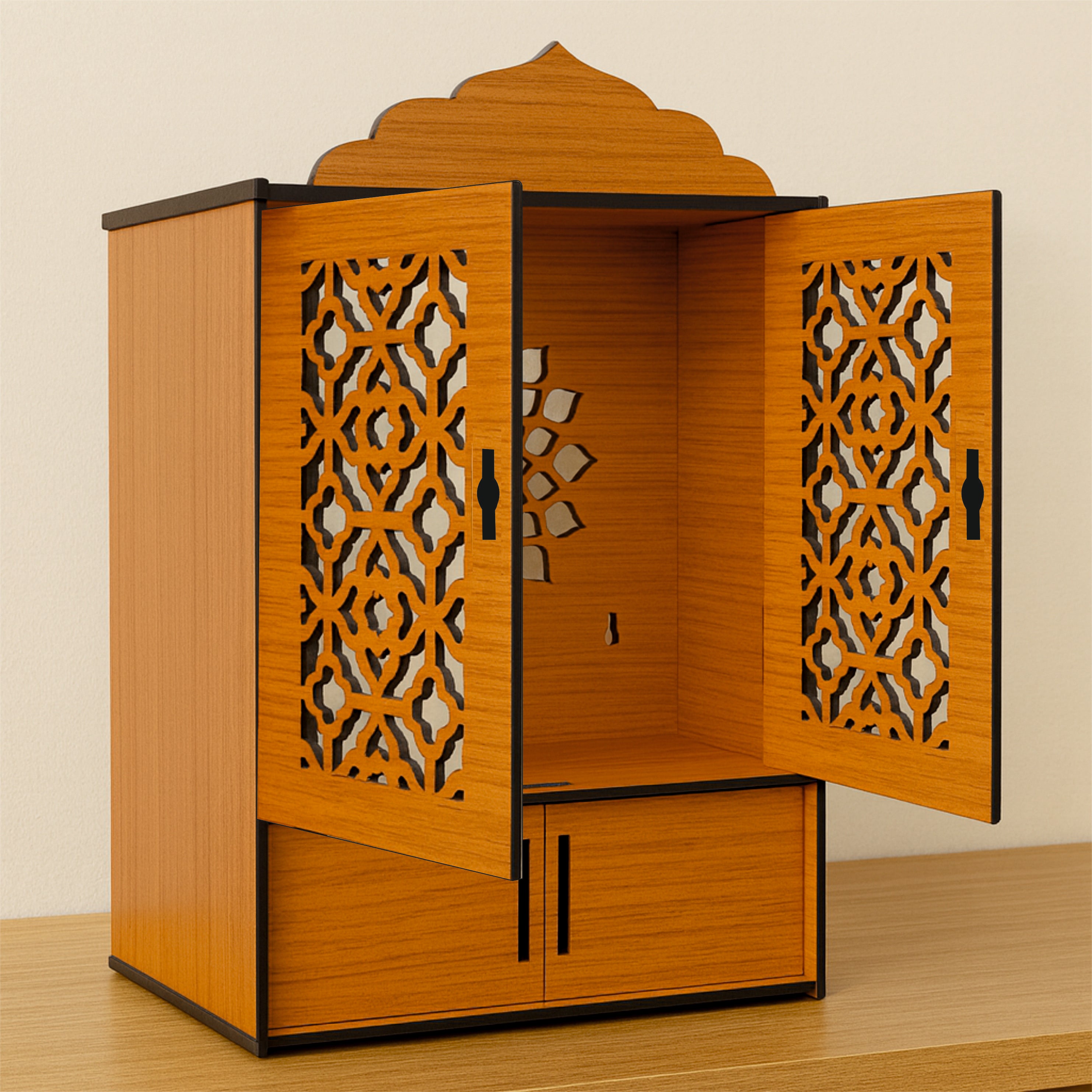 Premium Wooden Pooja Mandir for Home & Office With LED | Wall Mounted Temple with Carved Doors & Storage