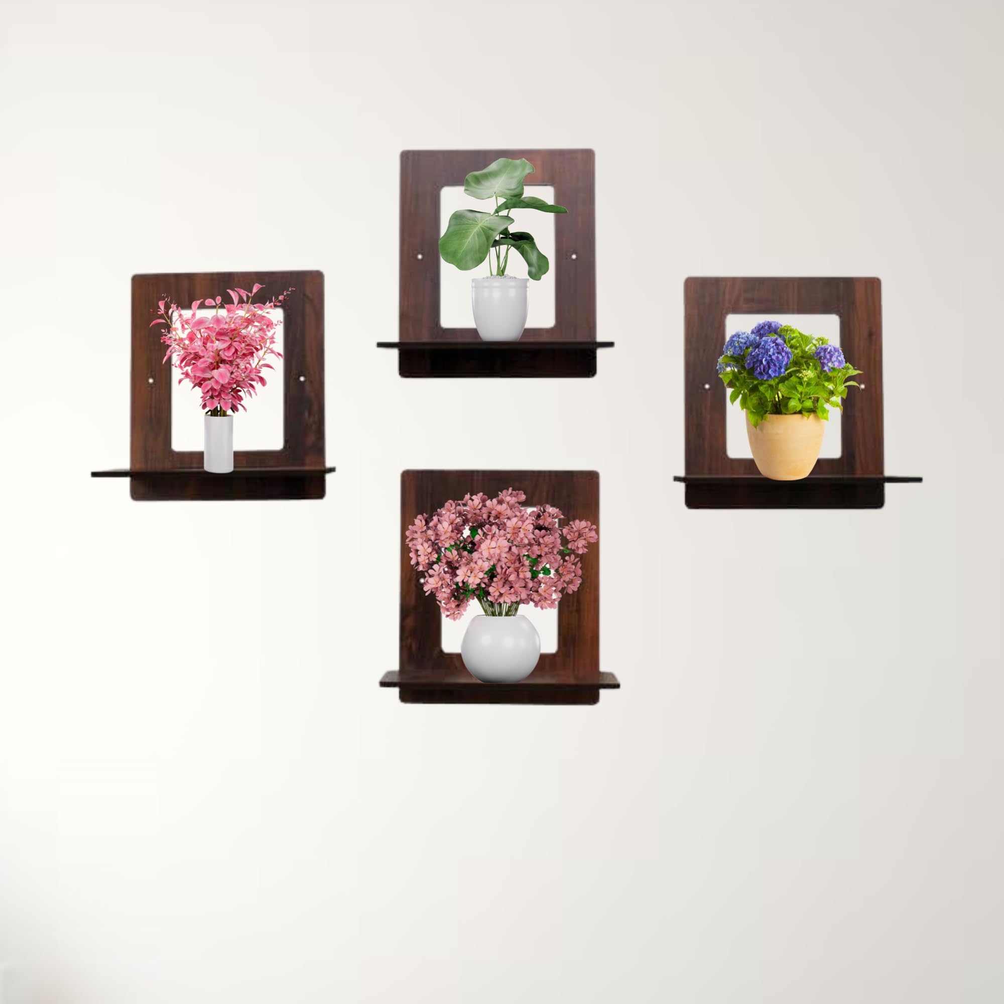 Set of 4 Brown MDF Square-Shaped Wall Shelves | ASOBO