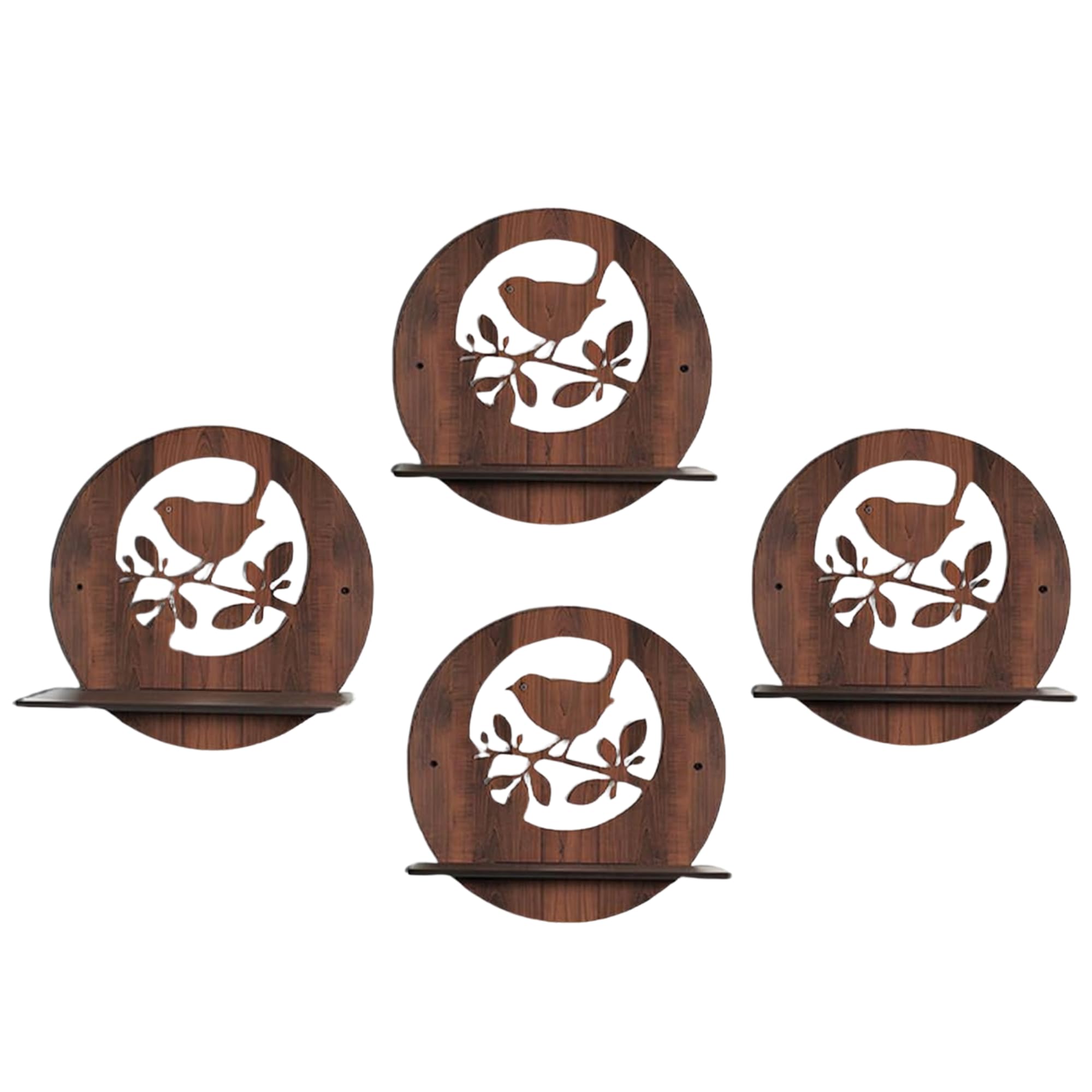 Round Wooden Wall Shelf with Bird on Branch Cutout Design Set Of 4 | ASOBO