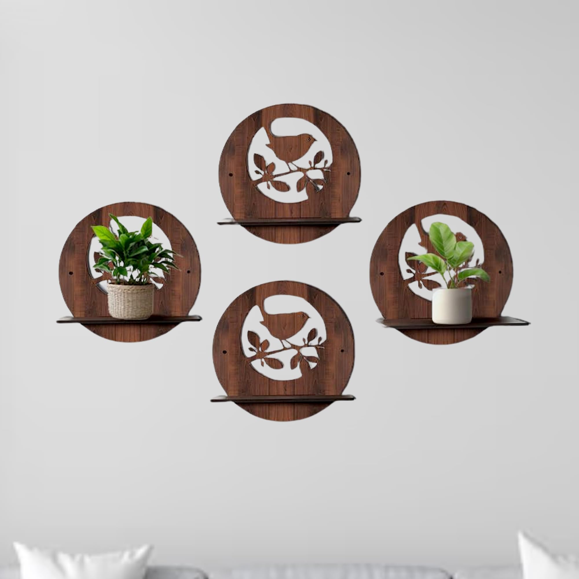 Round Wooden Wall Shelf with Bird on Branch Cutout Design Set Of 4 | ASOBO