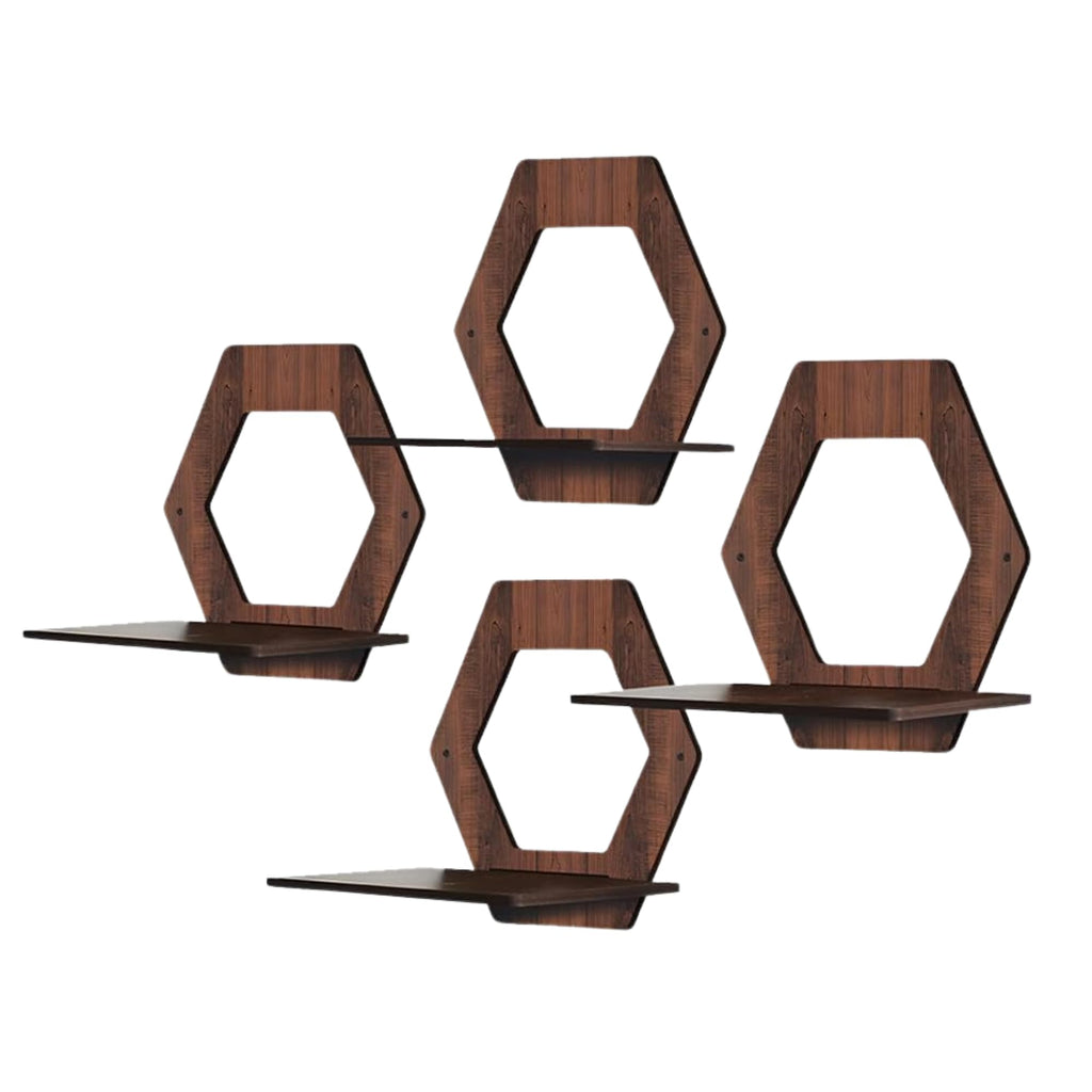 Set of 4 Brown MDF Hexagon Wall Shelves | ASOBO