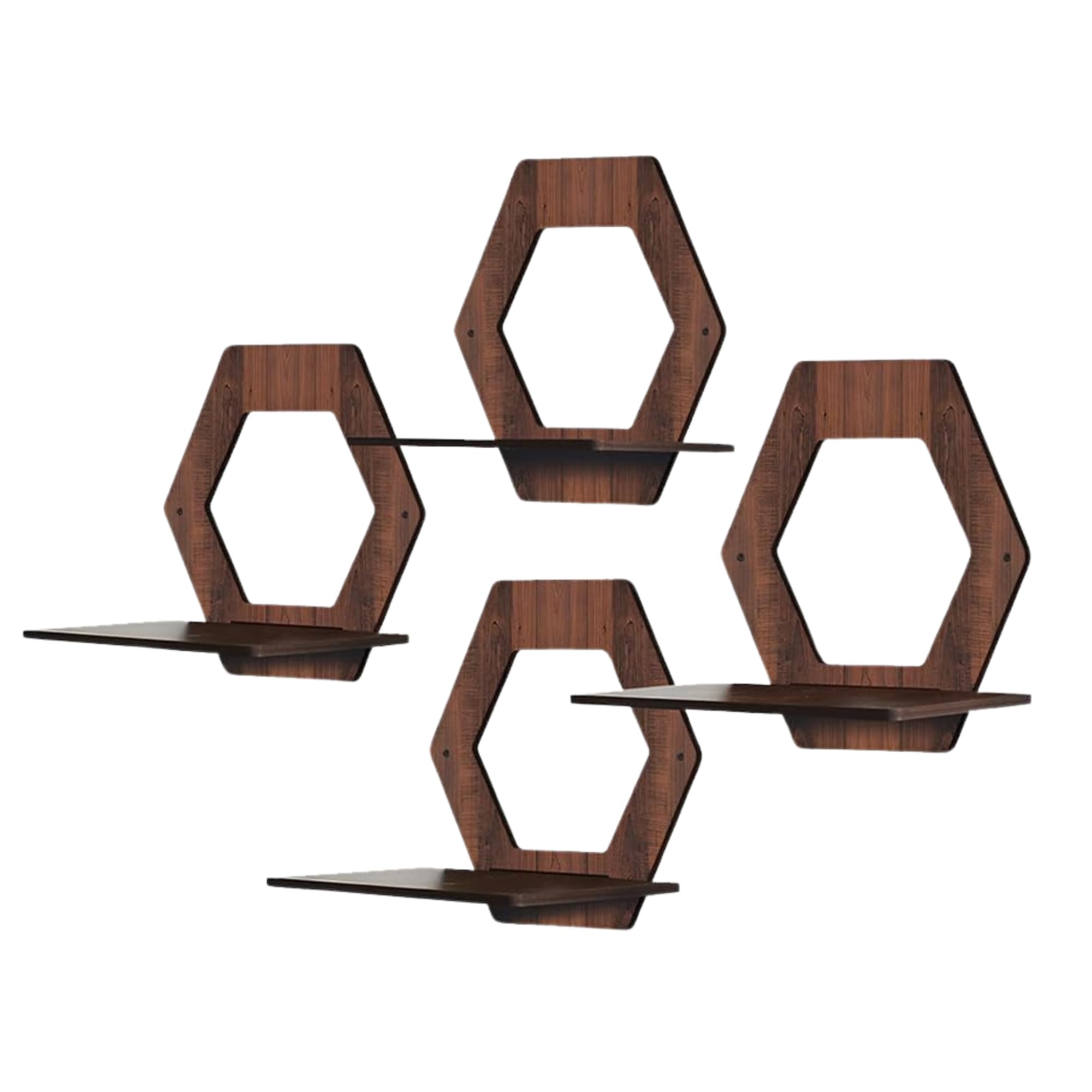 Set of 4 Brown MDF Hexagon Wall Shelves | ASOBO