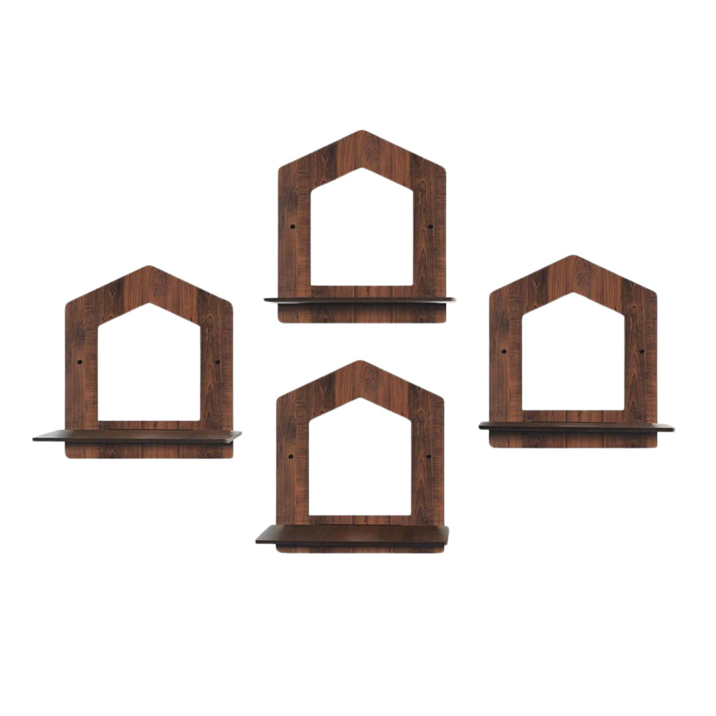 Set of 4 Brown MDF House-Shaped Wall Shelves | ASOBO