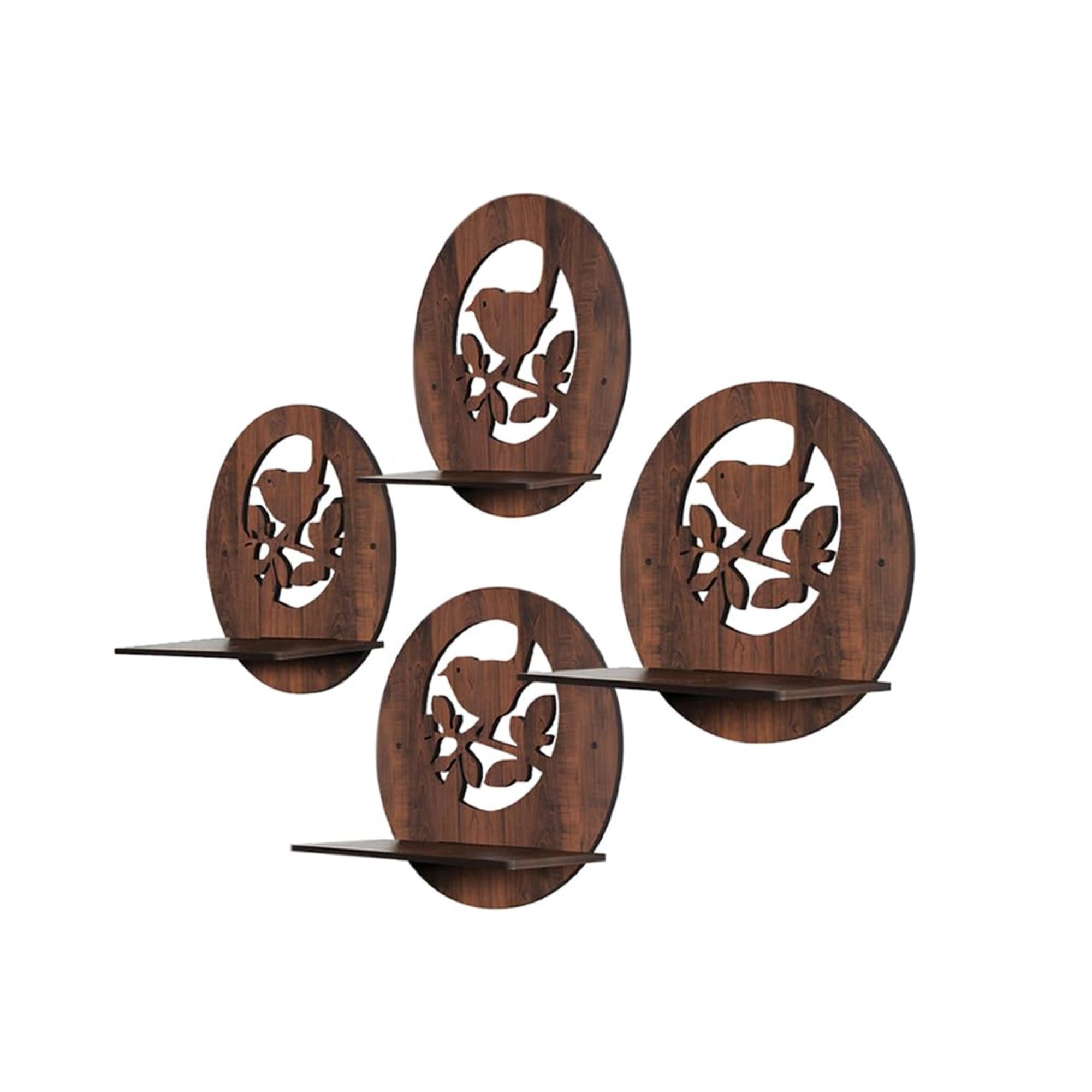 Round Wooden Wall Shelf with Bird on Branch Cutout Design Set Of 4 | ASOBO