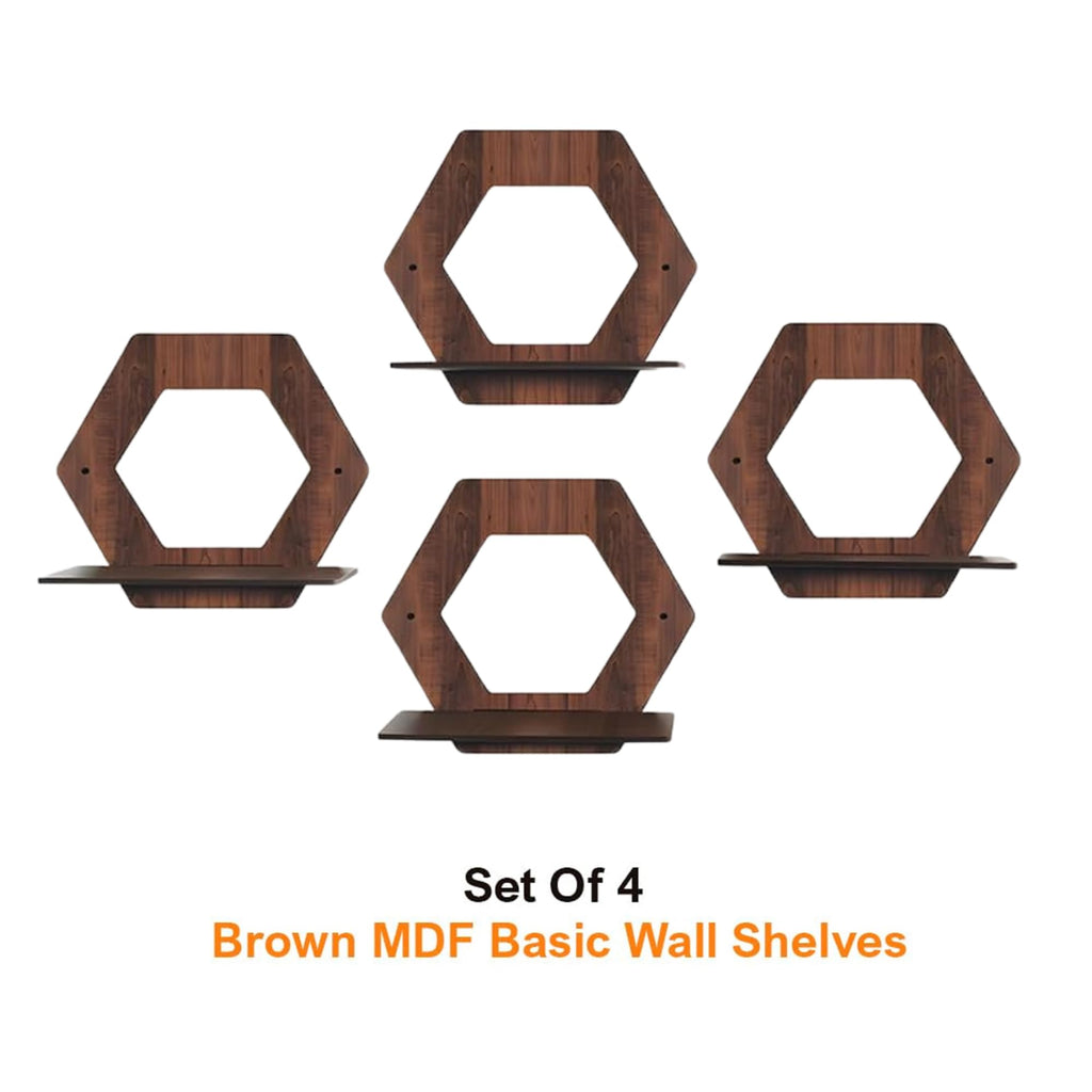 Set of 4 Brown MDF Hexagon Wall Shelves | ASOBO