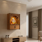 Premium Wooden Wall-Mounted Pooja Mandir with LED , Shubh Labh Jali Design, Bells & Storage Drawer – Home Temple for Living Room