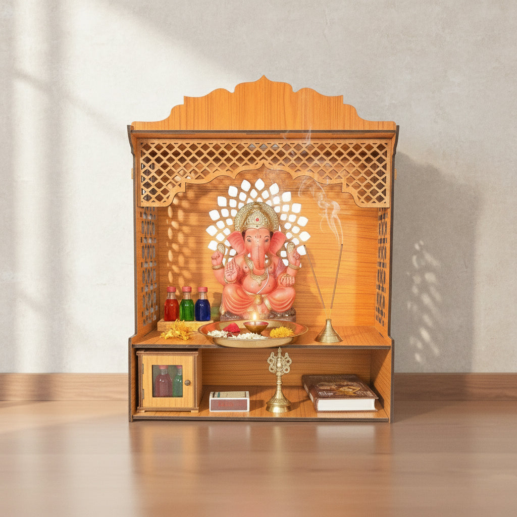 Premium Wooden Wall-Mount Pooja Mandir with LED & OM Cutout & Designer Jali Panels | Compact Home Temple