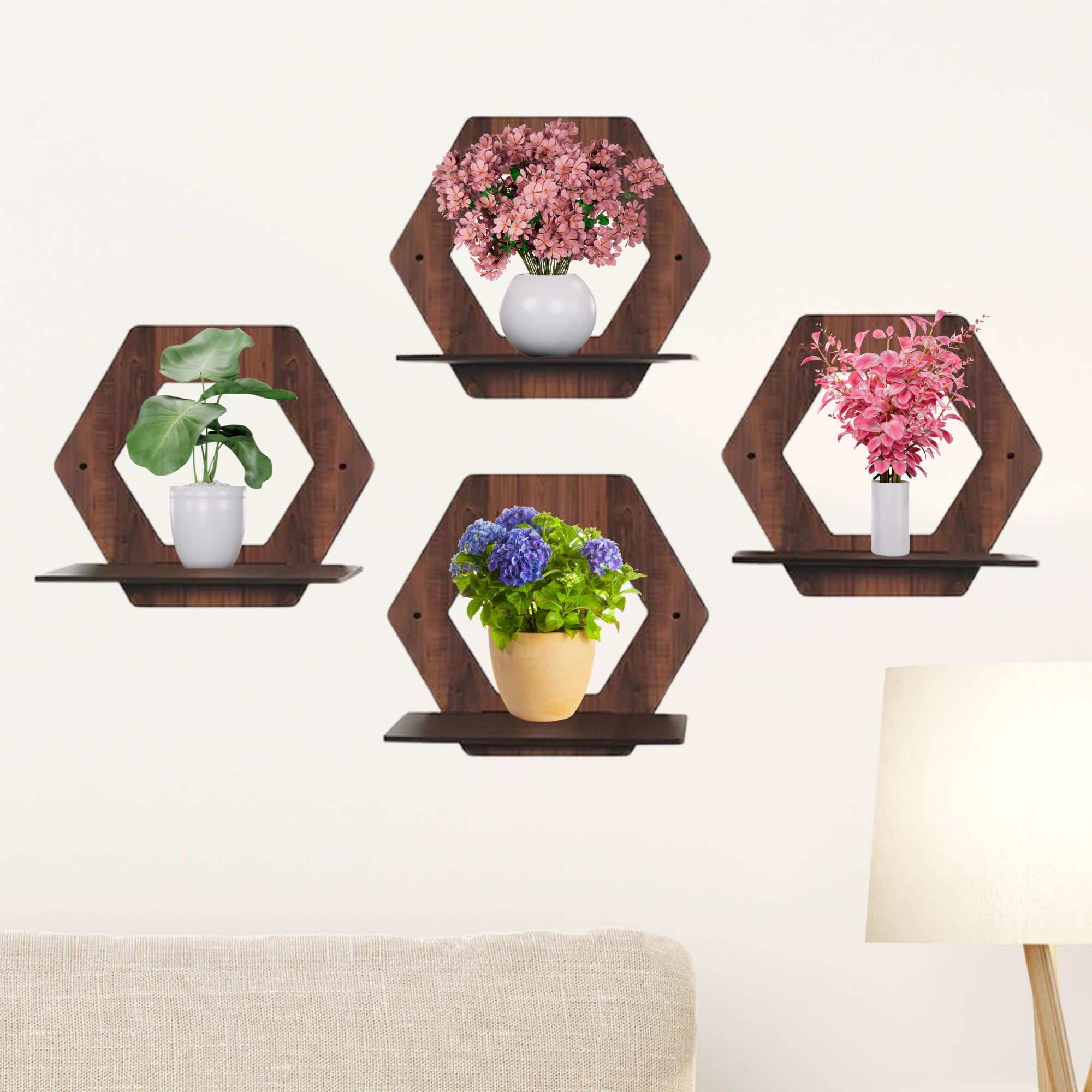 Set of 4 Brown MDF Hexagon Wall Shelves | ASOBO