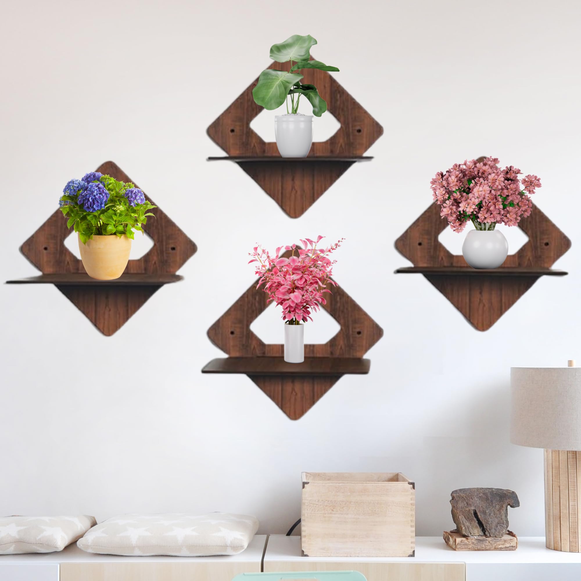 Set of 4 Brown MDF Diamond-Shaped Wall Shelves | ASOBO