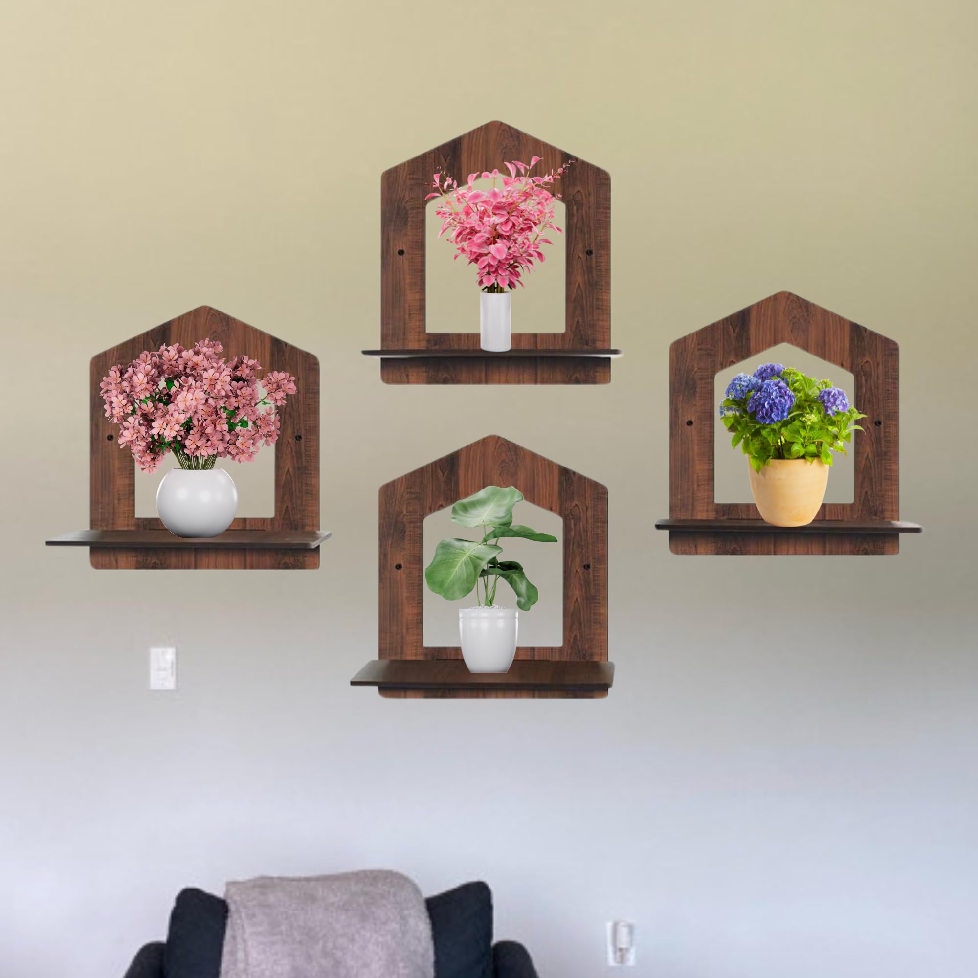 Set of 4 Brown MDF House-Shaped Wall Shelves | ASOBO
