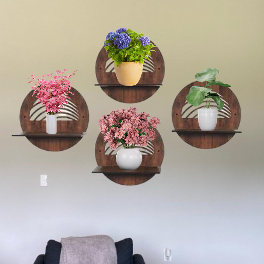 Round Wooden Wall Shelf with Artistic Cutout Design Set of 4 | ASOBO