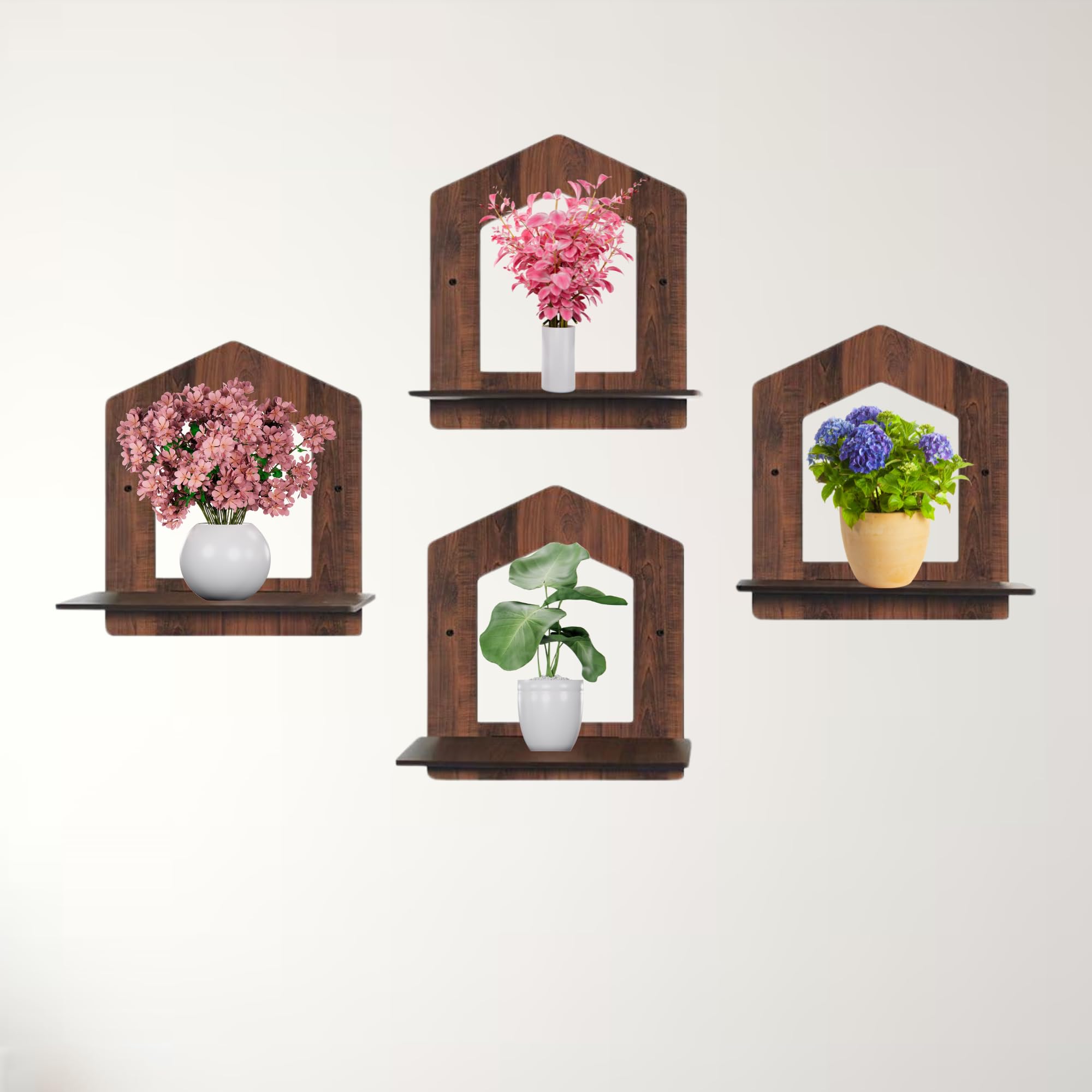 Set of 4 Brown MDF House-Shaped Wall Shelves | ASOBO