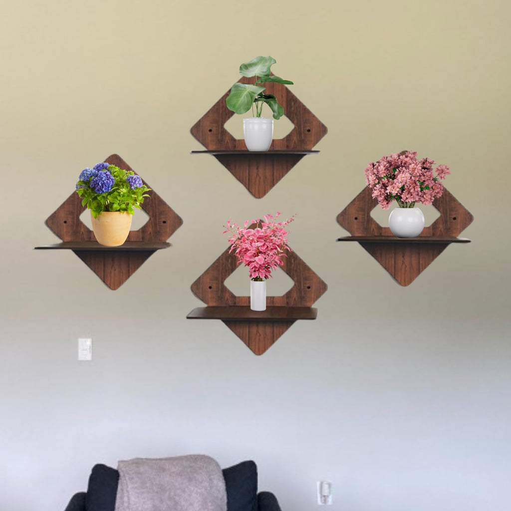 Set of 4 Brown MDF Diamond-Shaped Wall Shelves | ASOBO