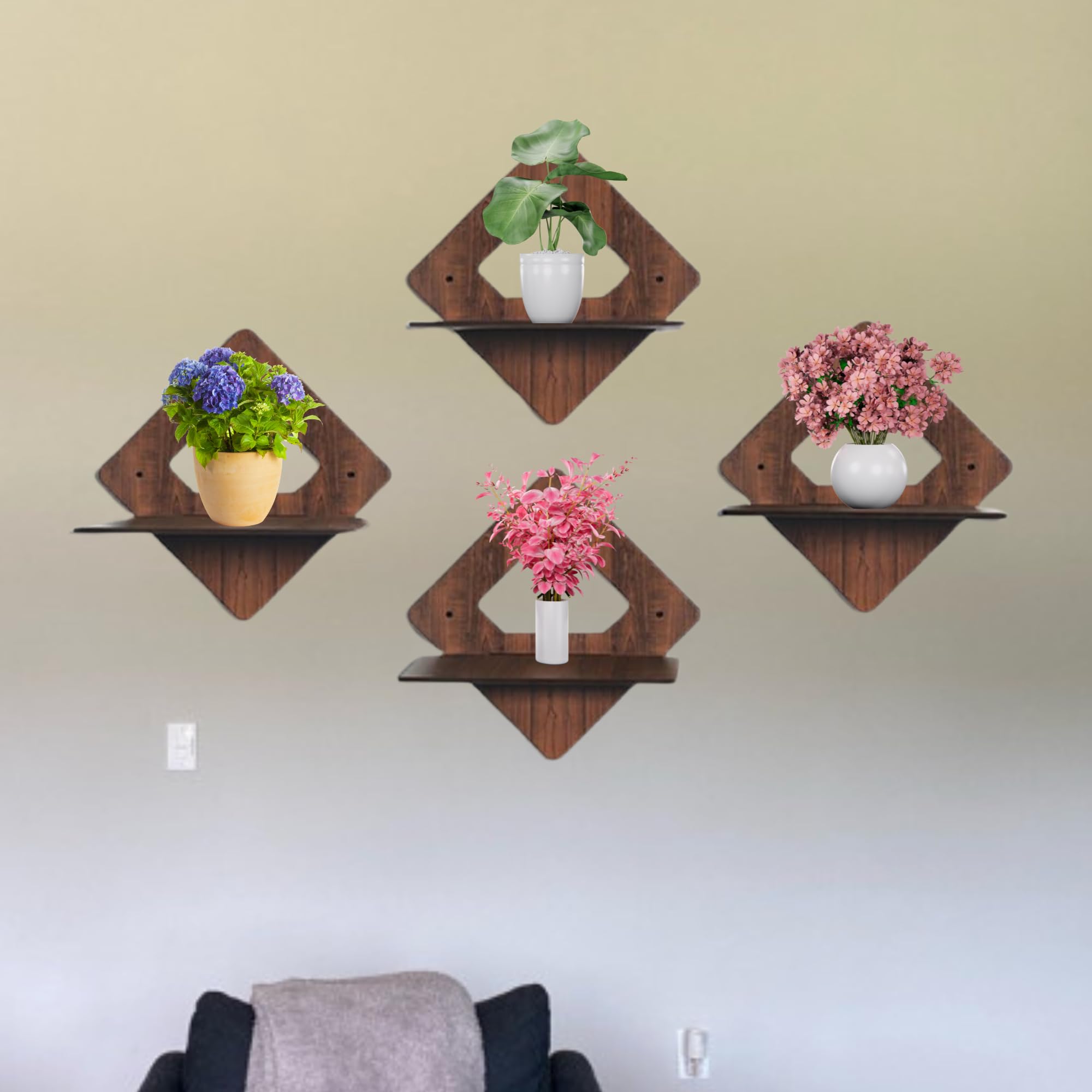Set of 4 Brown MDF Diamond-Shaped Wall Shelves | ASOBO