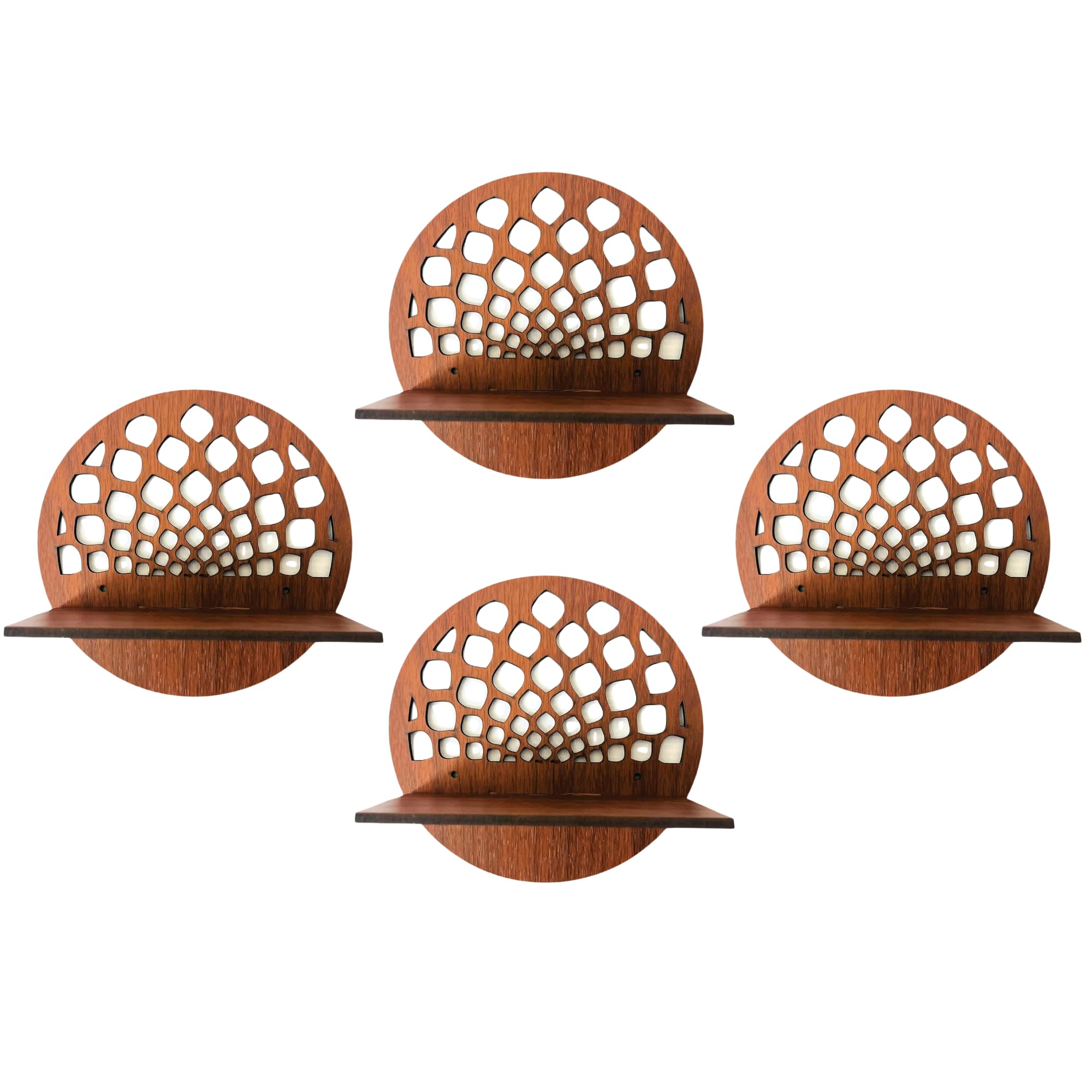 Set of 4 Brown MDF Round Wall Shelves with Geometric Cutout Design | ASOBO