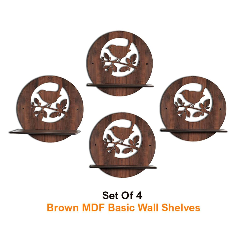 Round Wooden Wall Shelf with Bird on Branch Cutout Design Set Of 4 | ASOBO