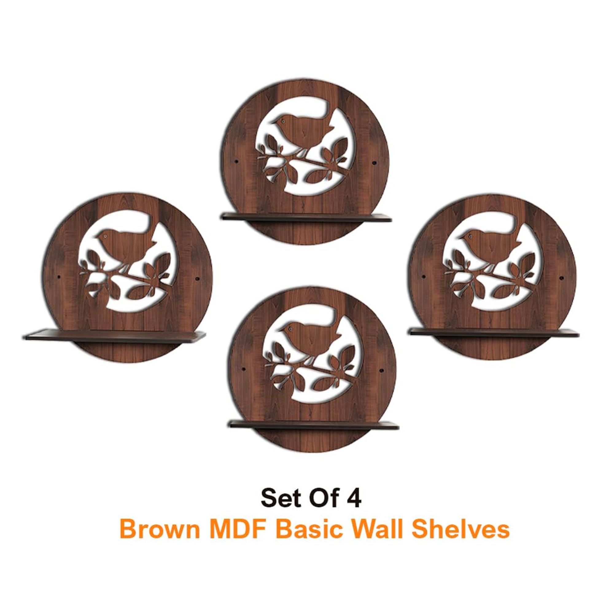Round Wooden Wall Shelf with Bird on Branch Cutout Design Set Of 4 | ASOBO