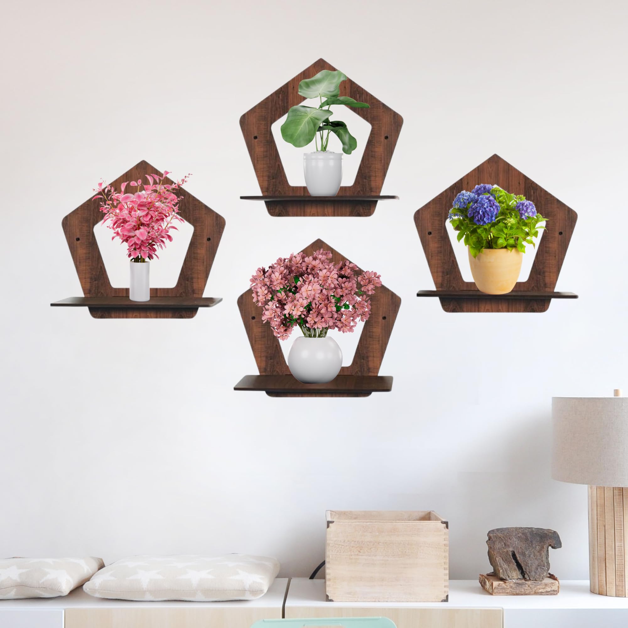 Set of 4 Brown MDF Pentagon-Shaped Wall Shelves | ASOBO