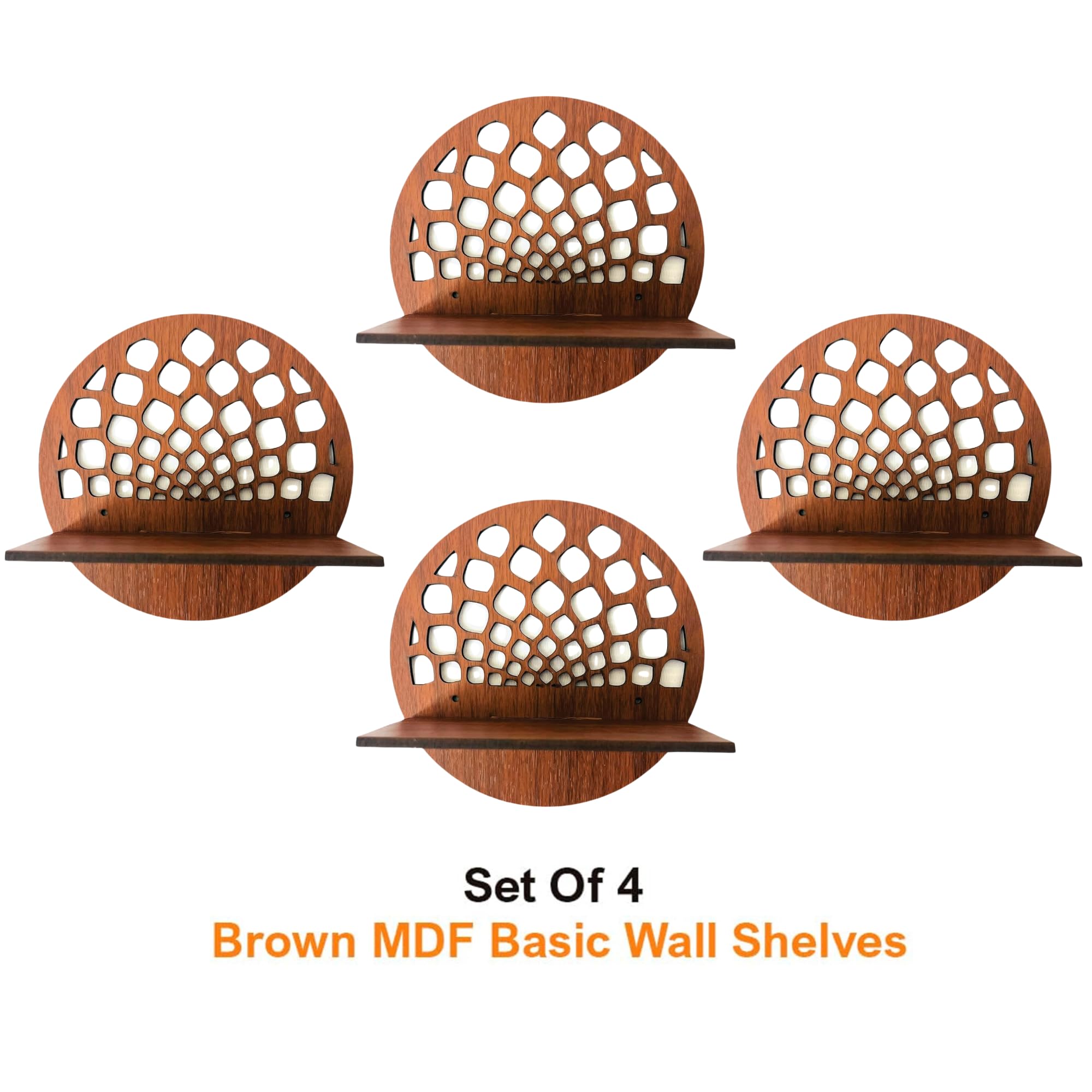 Set of 4 Brown MDF Round Wall Shelves with Geometric Cutout Design | ASOBO