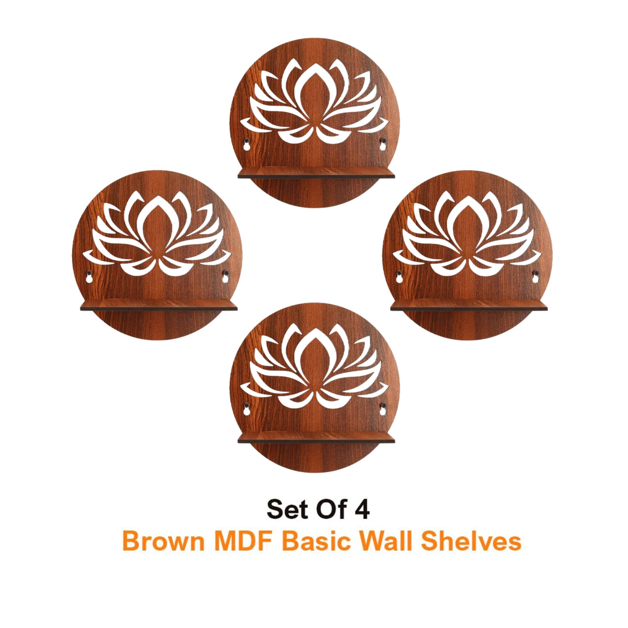 Round Wooden Wall Shelf with Lotus Flower Cutout Design Set Of 4 | ASOBO