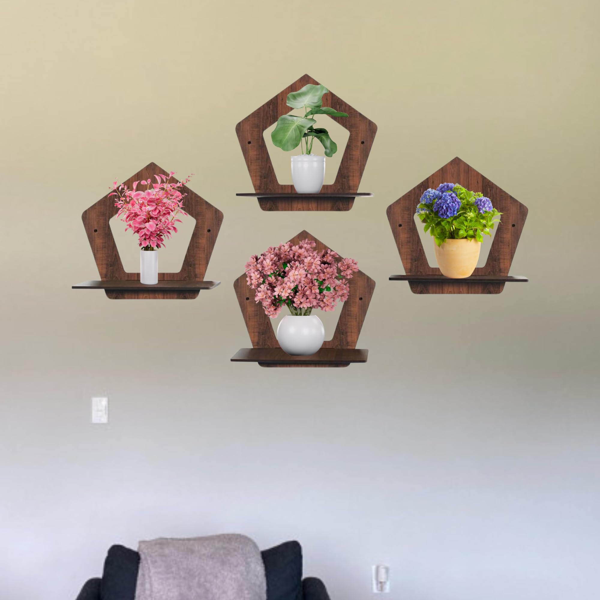 Set of 4 Brown MDF Pentagon-Shaped Wall Shelves | ASOBO
