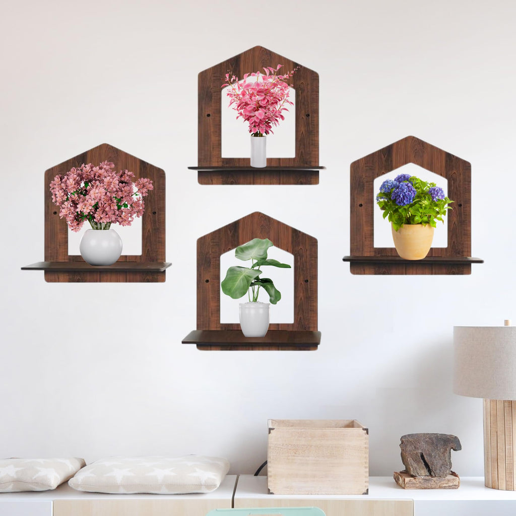 Set of 4 Brown MDF House-Shaped Wall Shelves | ASOBO