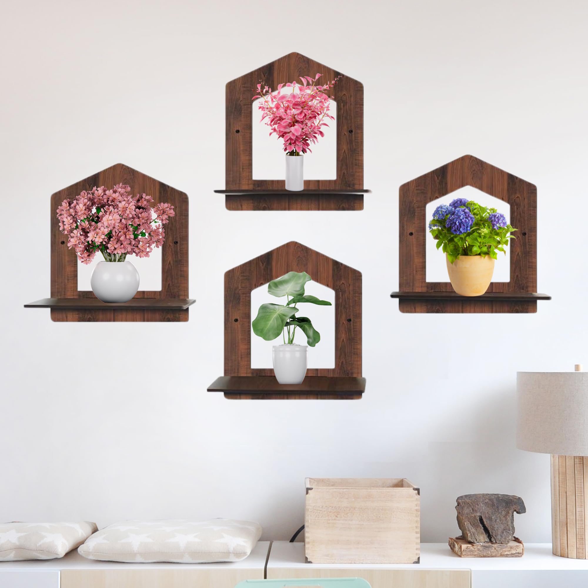 Set of 4 Brown MDF House-Shaped Wall Shelves | ASOBO