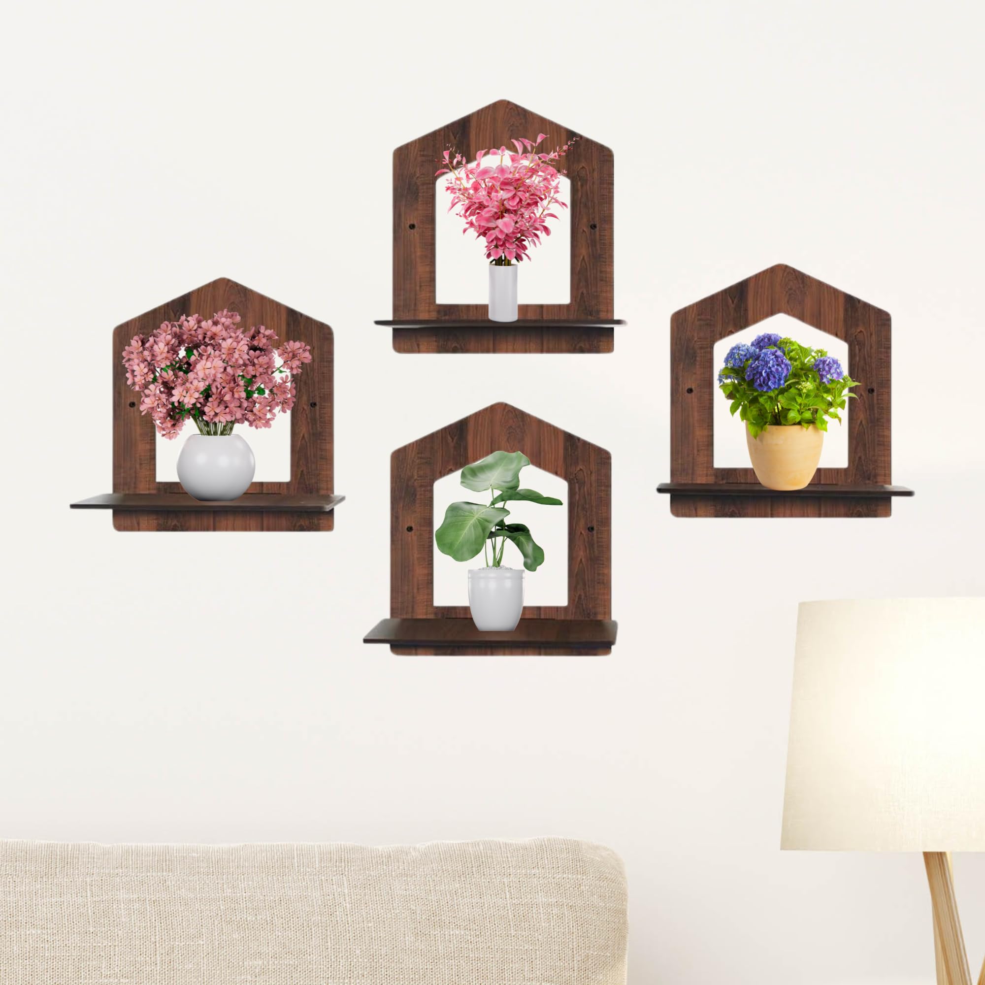Set of 4 Brown MDF House-Shaped Wall Shelves | ASOBO