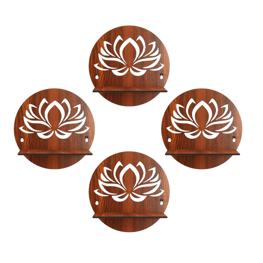 Round Wooden Wall Shelf with Lotus Flower Cutout Design Set Of 4 | ASOBO